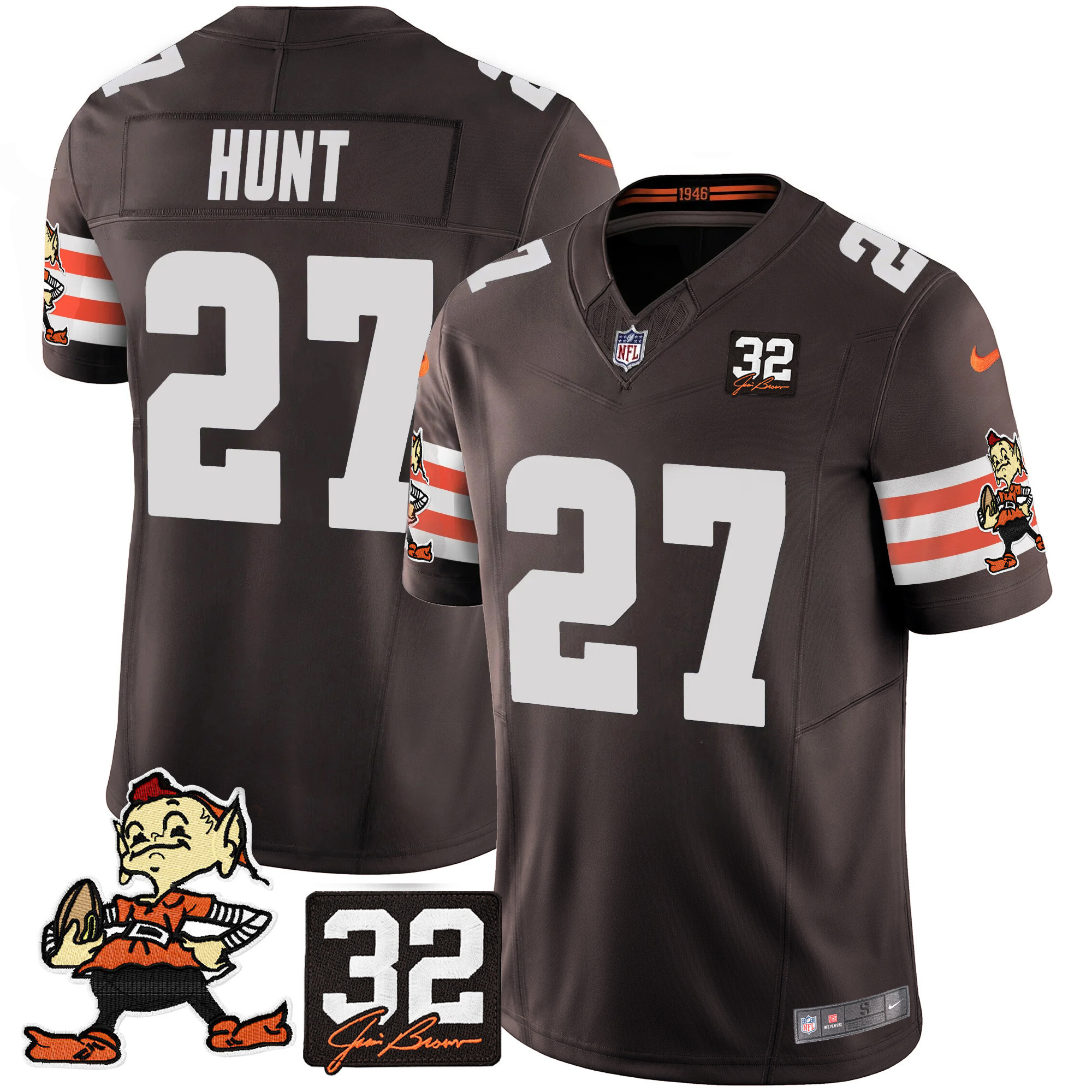 Men's Kareem Hunt Cleveland Browns #32 Jim Brown Memorial Patch Vapor Limited Brown Jersey V2 - All Stitched