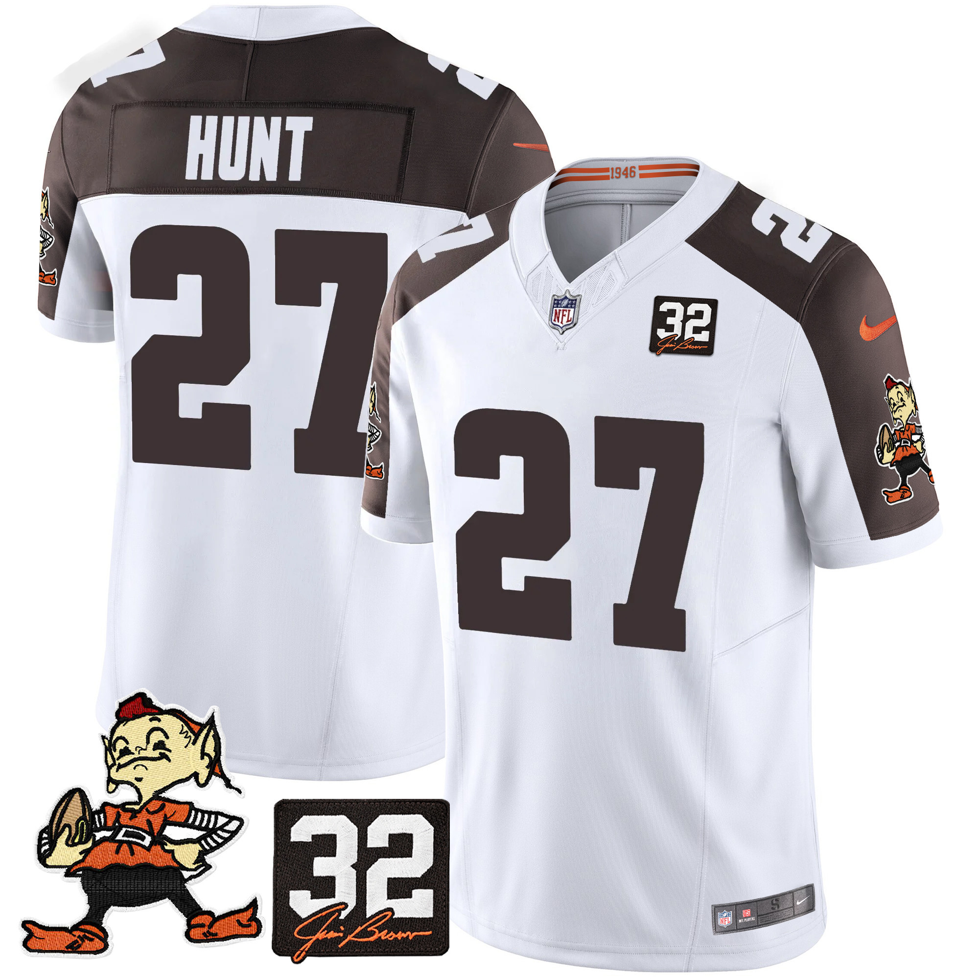 Men's Kareem Hunt Cleveland Browns #32 Jim Brown Memorial Patch Vapor Limited Inverted Jersey V2 - All Stitched