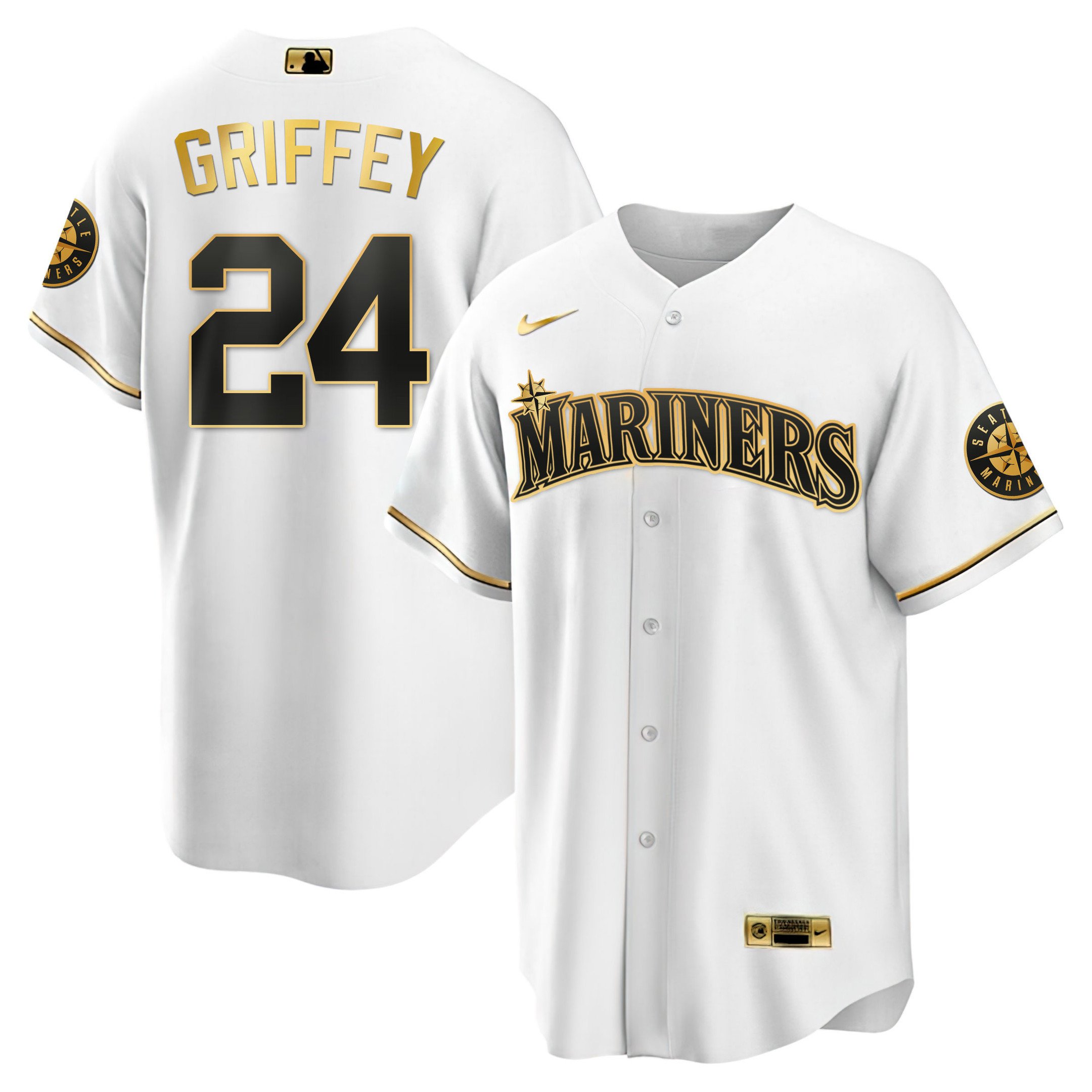 Men's Ken Griffey Jr. Seattle Mariners White Gold & Black Gold Cool White Jersey - All Stitched