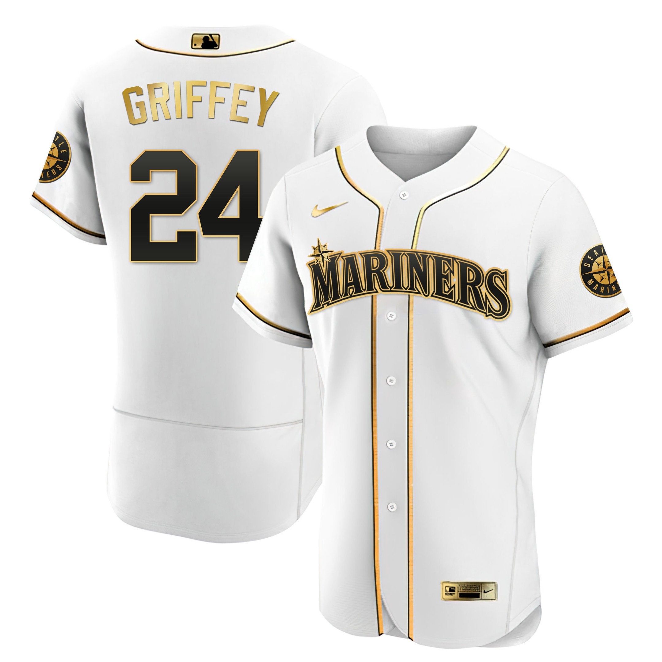 Men's Ken Griffey Jr. Seattle Mariners White Gold & Black Gold Flex White Jersey - All Stitched