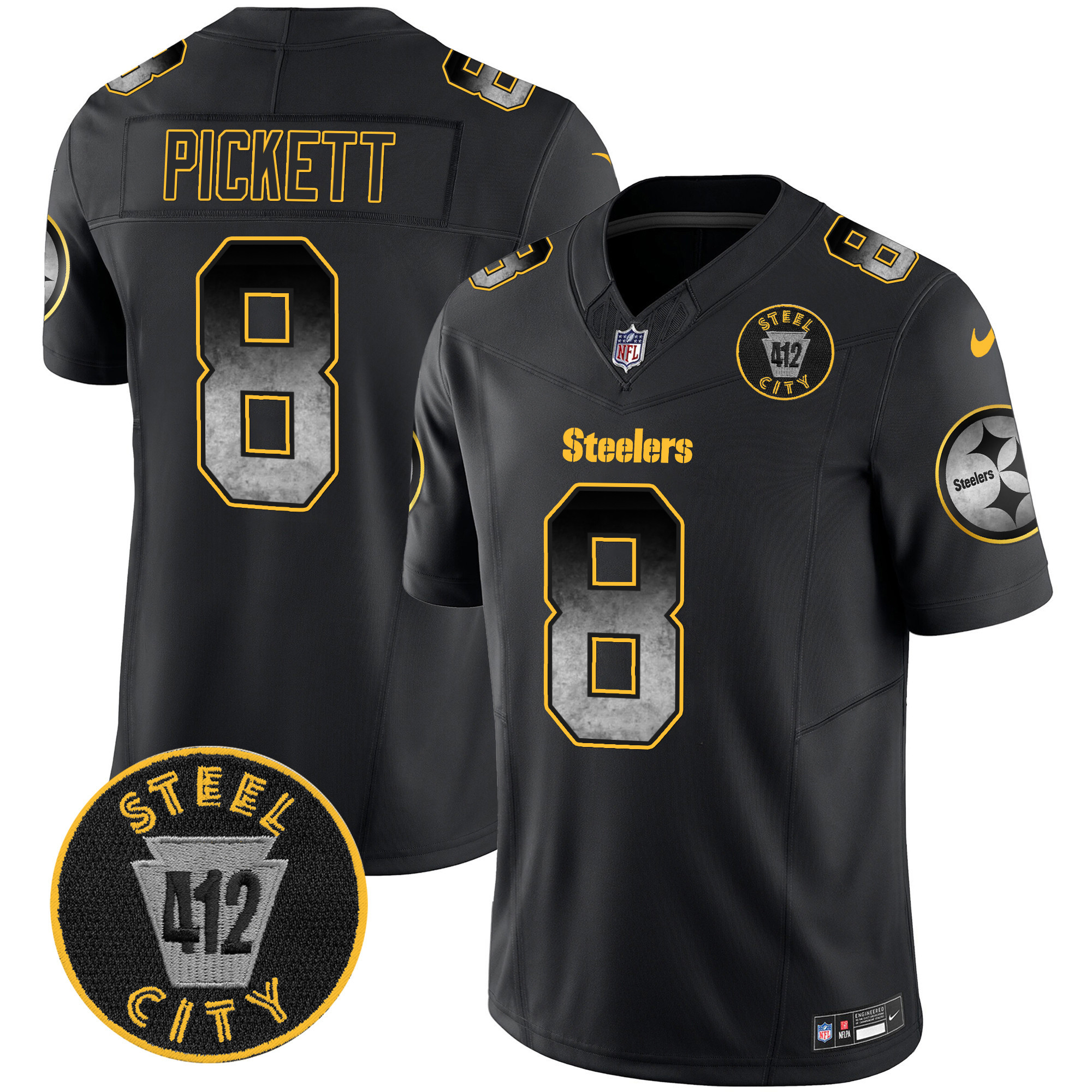Men's Kenny Pickett Pittsburgh Steelers Arch Smoke 412 Patch Vapor Limited Black Jersey - All Stitched