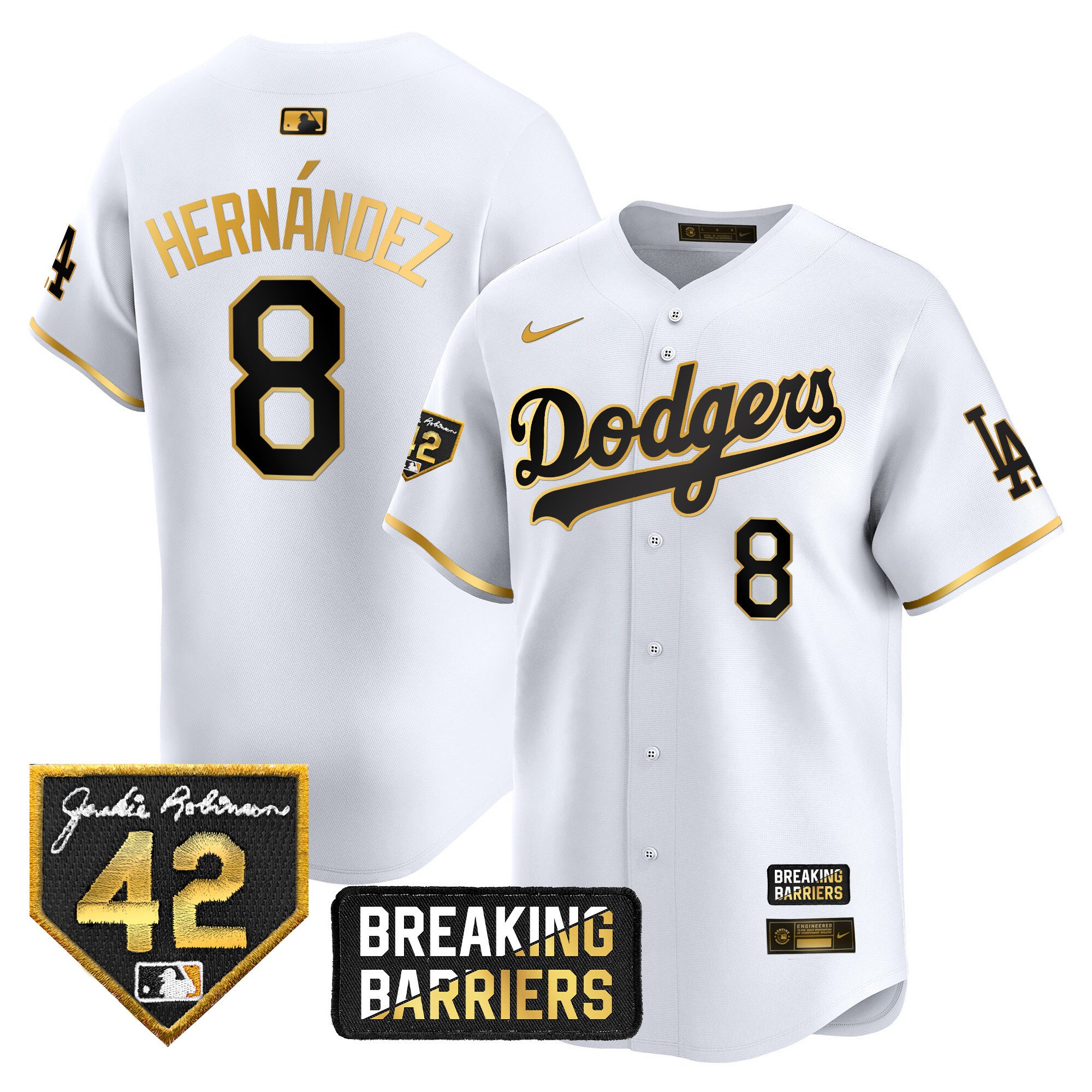 Men's Kike Hernandez Los Angeles Dodgers Jackie Robinson Breaking Barriers Patch Vapor Premier Limited White Gold Jersey - All Stitched