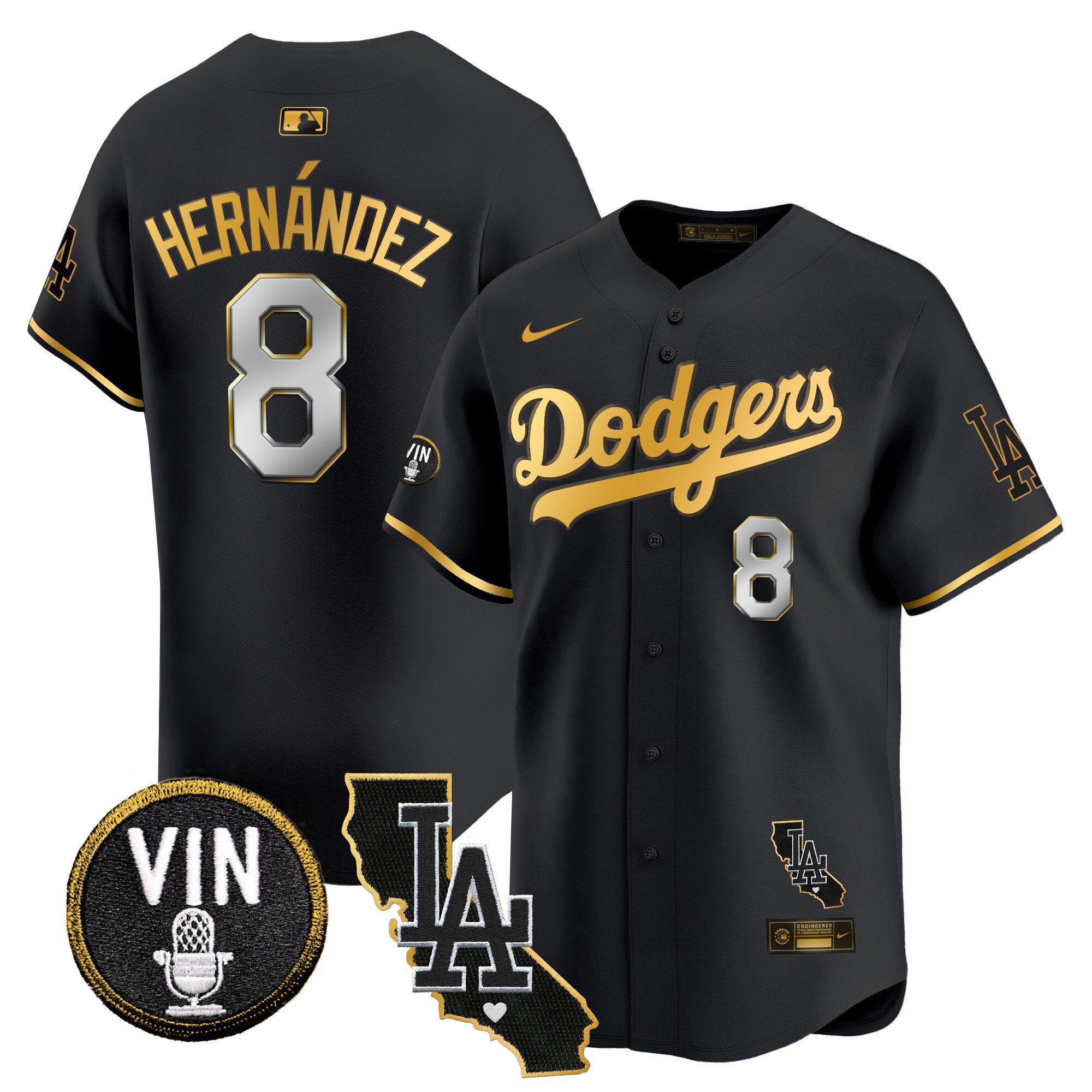 Men's Kike Hernandez Los Angeles Dodgers Vin & California Patch Gold Trim Vapor Premier Limited Black Gold Jersey - All Stitched
