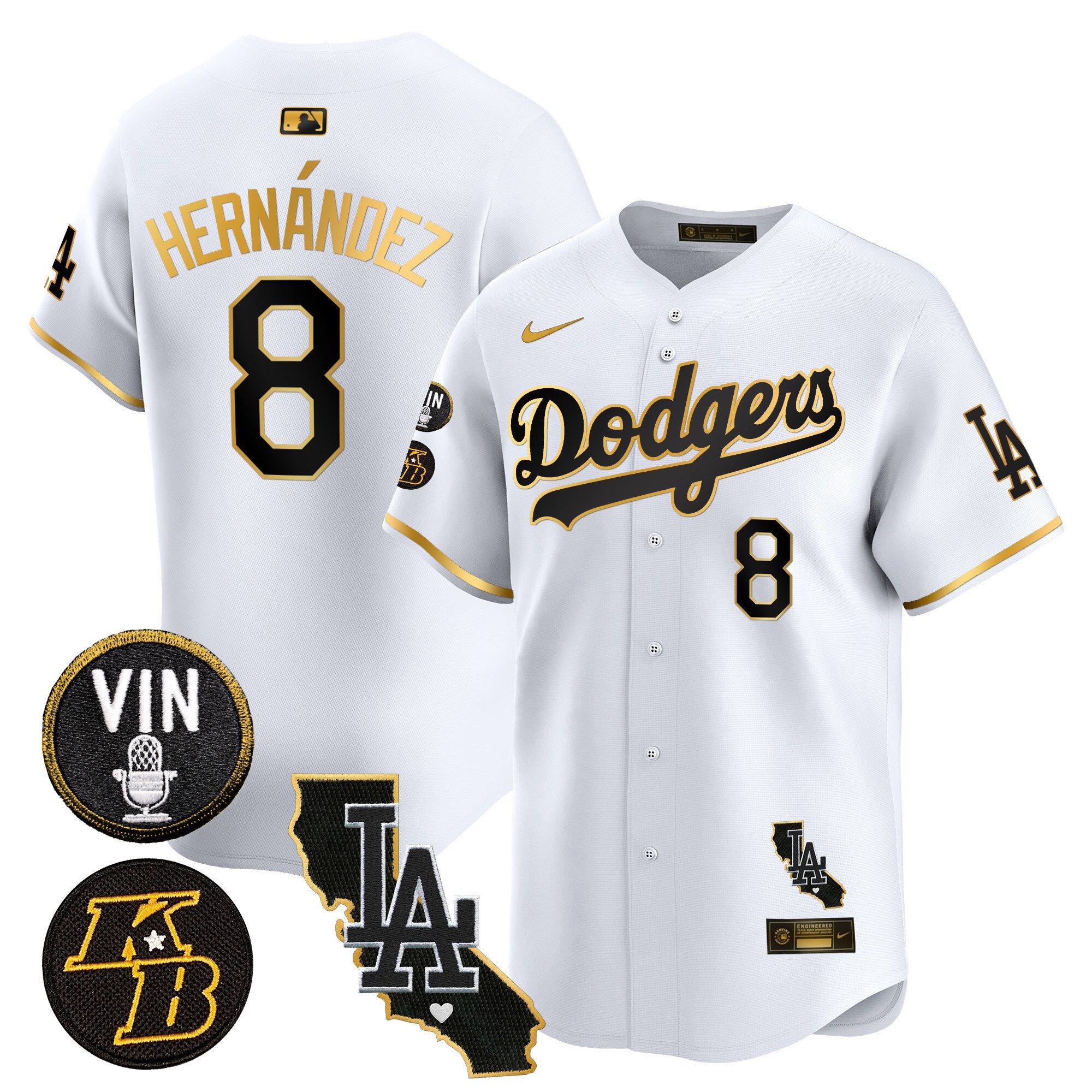 Men's Kike Hernandez Los Angeles Dodgers Vin & Kobe Patch Gold Trim Vapor Premier Limited White Gold Jersey V2 - All Stitched