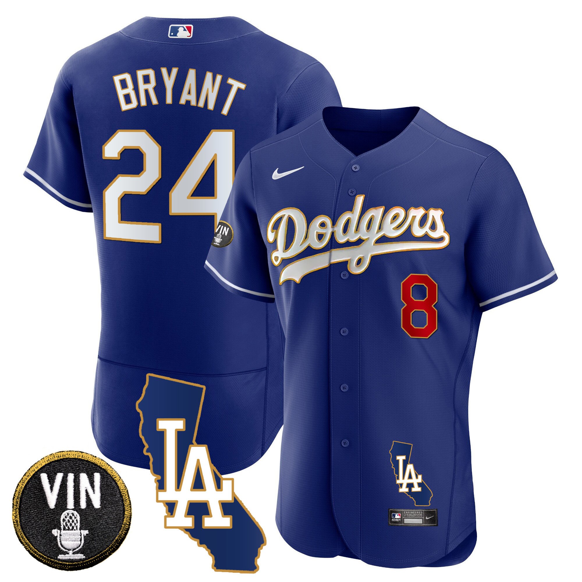 Men's Kobe Bryant Los Angeles Dodgers California Patch Gold Trim Flex Base Royal Jersey - All Stitched
