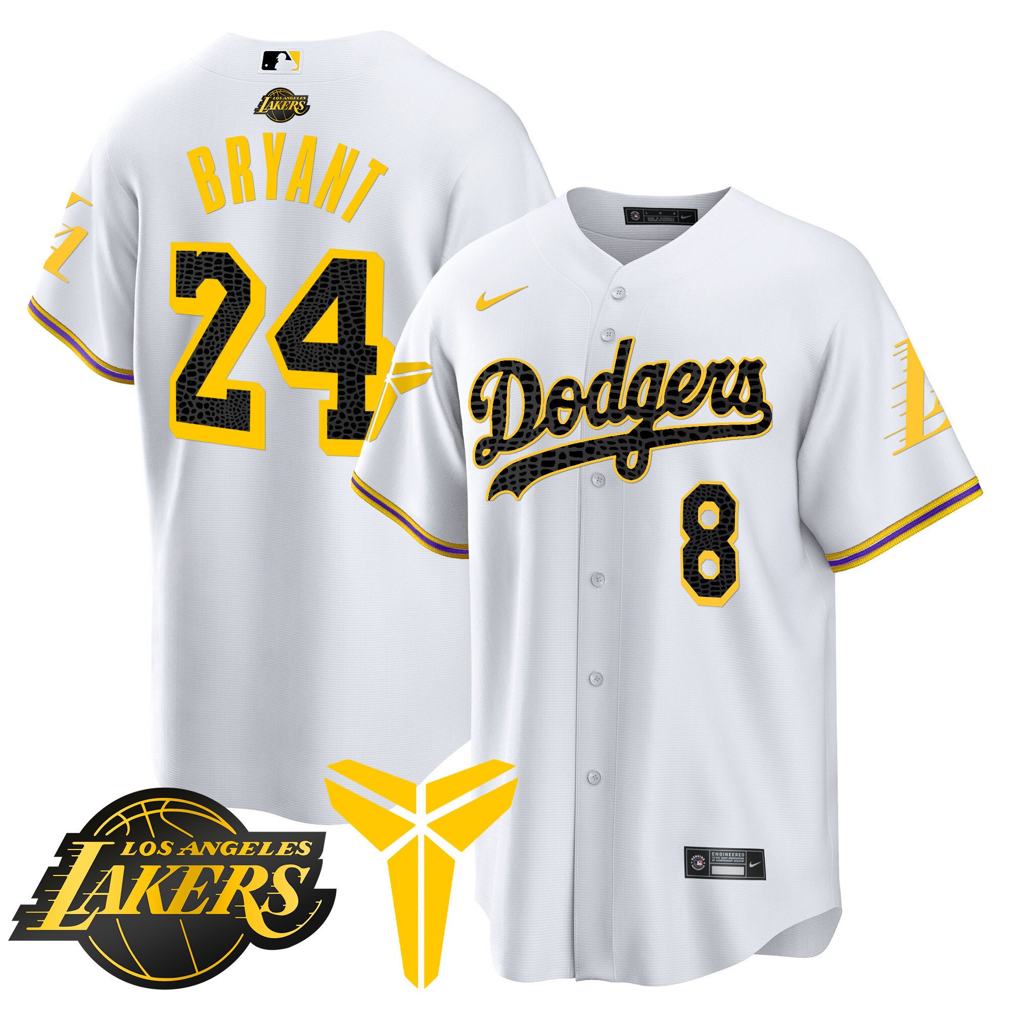 Men's Kobe Bryant Los Angeles Dodgers Cool Base Mamba White Jersey V2 - All Stitched