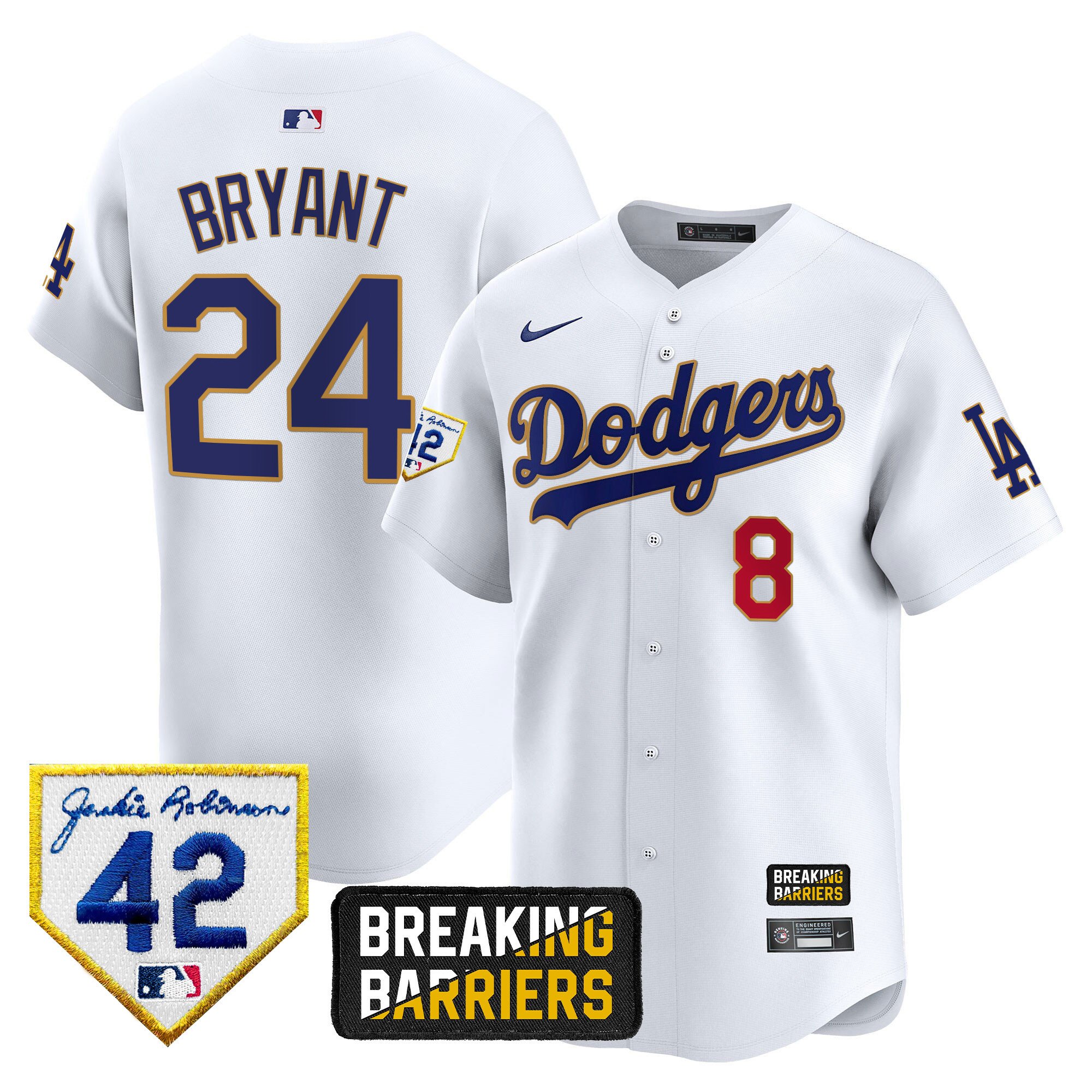 Men's Kobe Bryant Los Angeles Dodgers Jackie Robinson Breaking Barriers Patch Vapor Premier Limited White Jersey - All Stitched