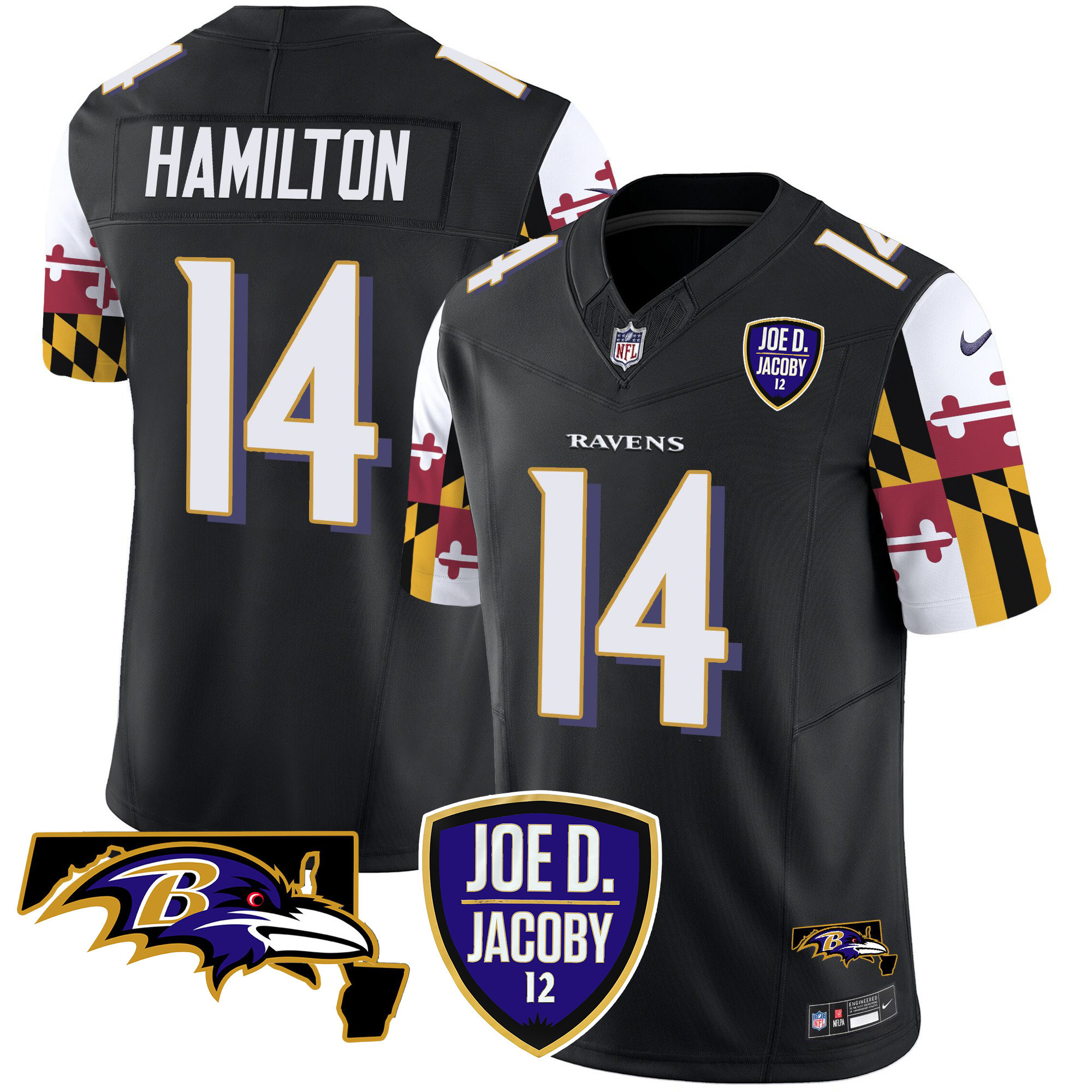 Men's Kyle Hamilton Baltimore Ravens Joe D & Jacoby Patch Vapor Limited Black Jersey V2 - All Stitched