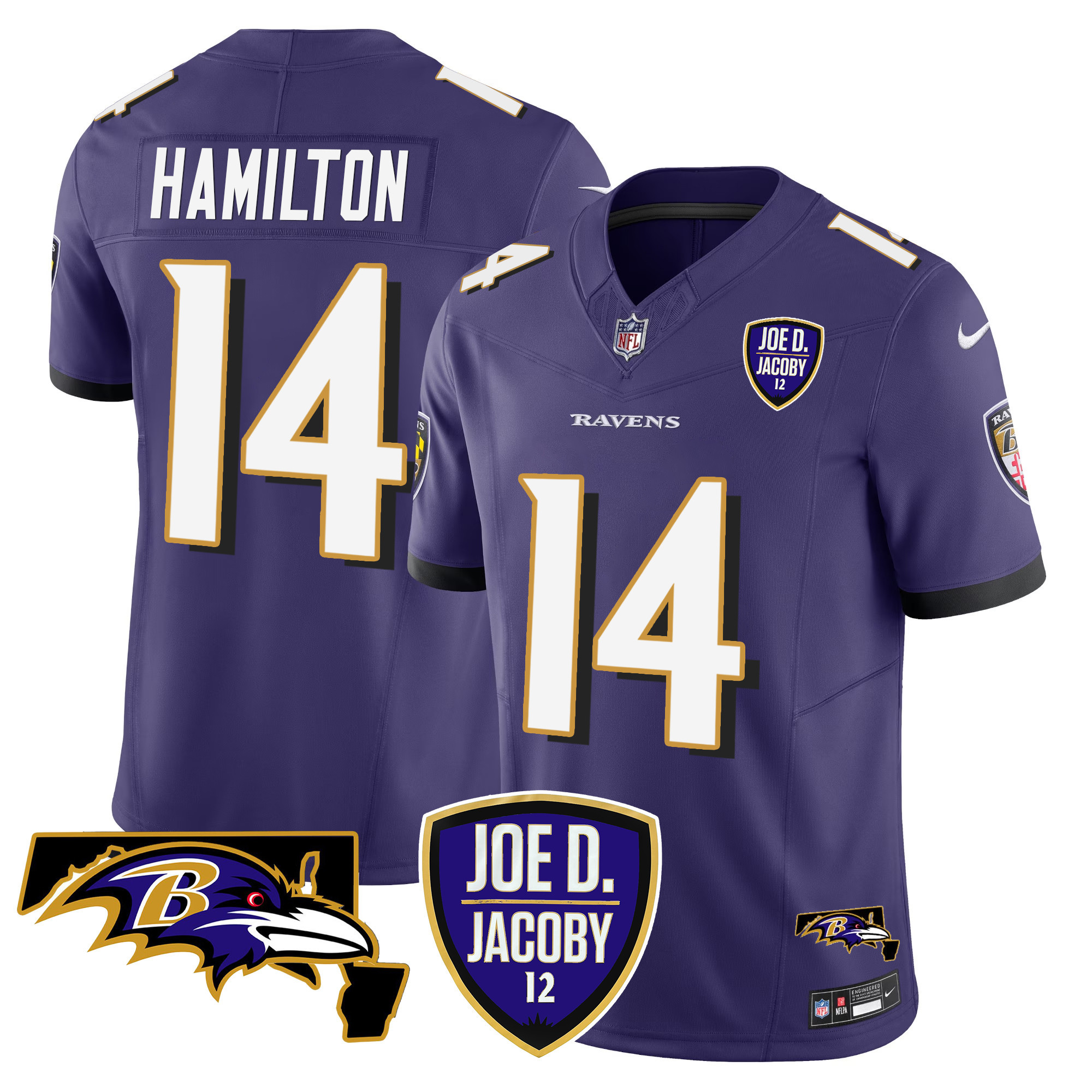 Men's Kyle Hamilton Baltimore Ravens Joe D & Jacoby Patch Vapor Limited Purple Jersey - All Stitched