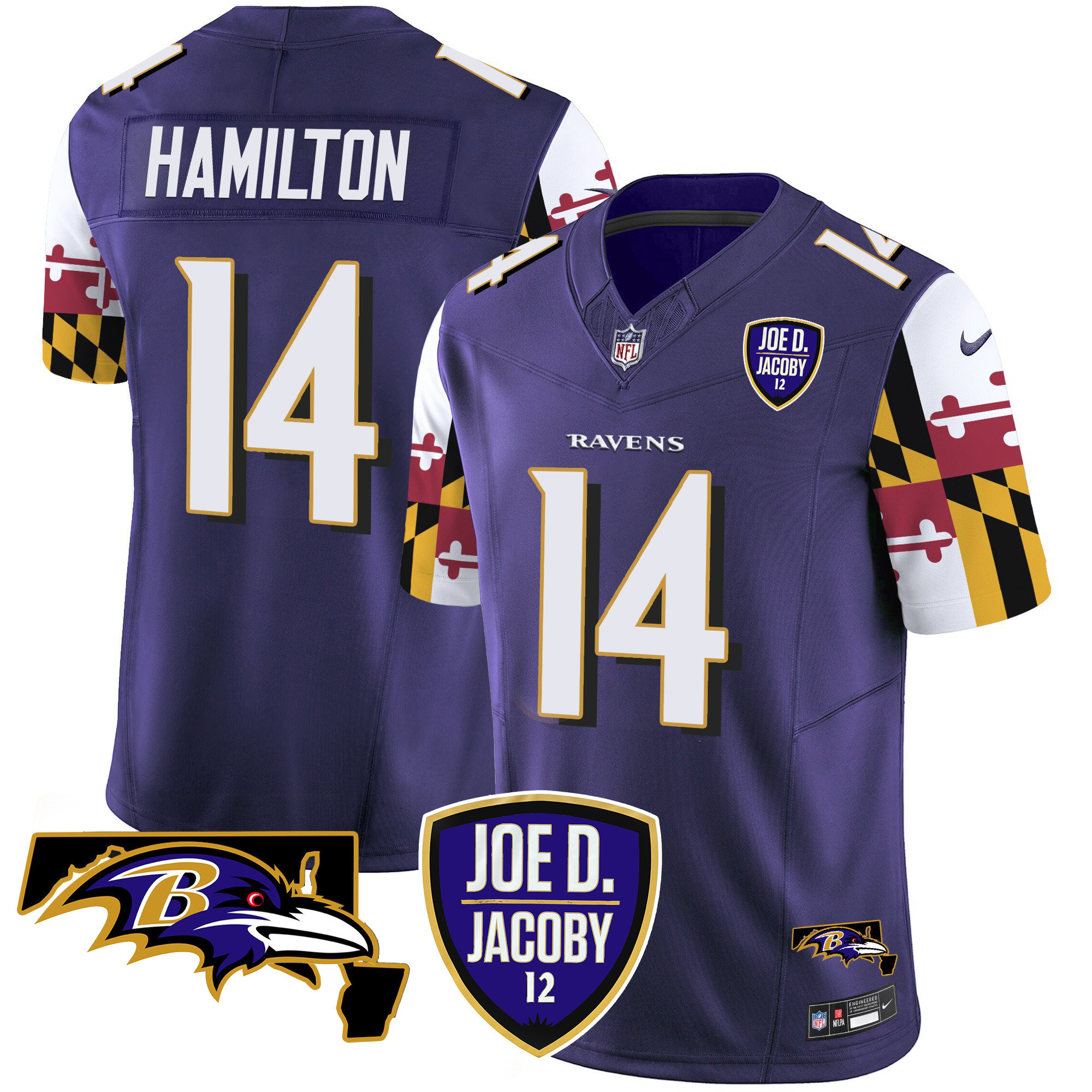 Men's Kyle Hamilton Baltimore Ravens Joe D & Jacoby Patch Vapor Limited Purple Jersey V2 - All Stitched