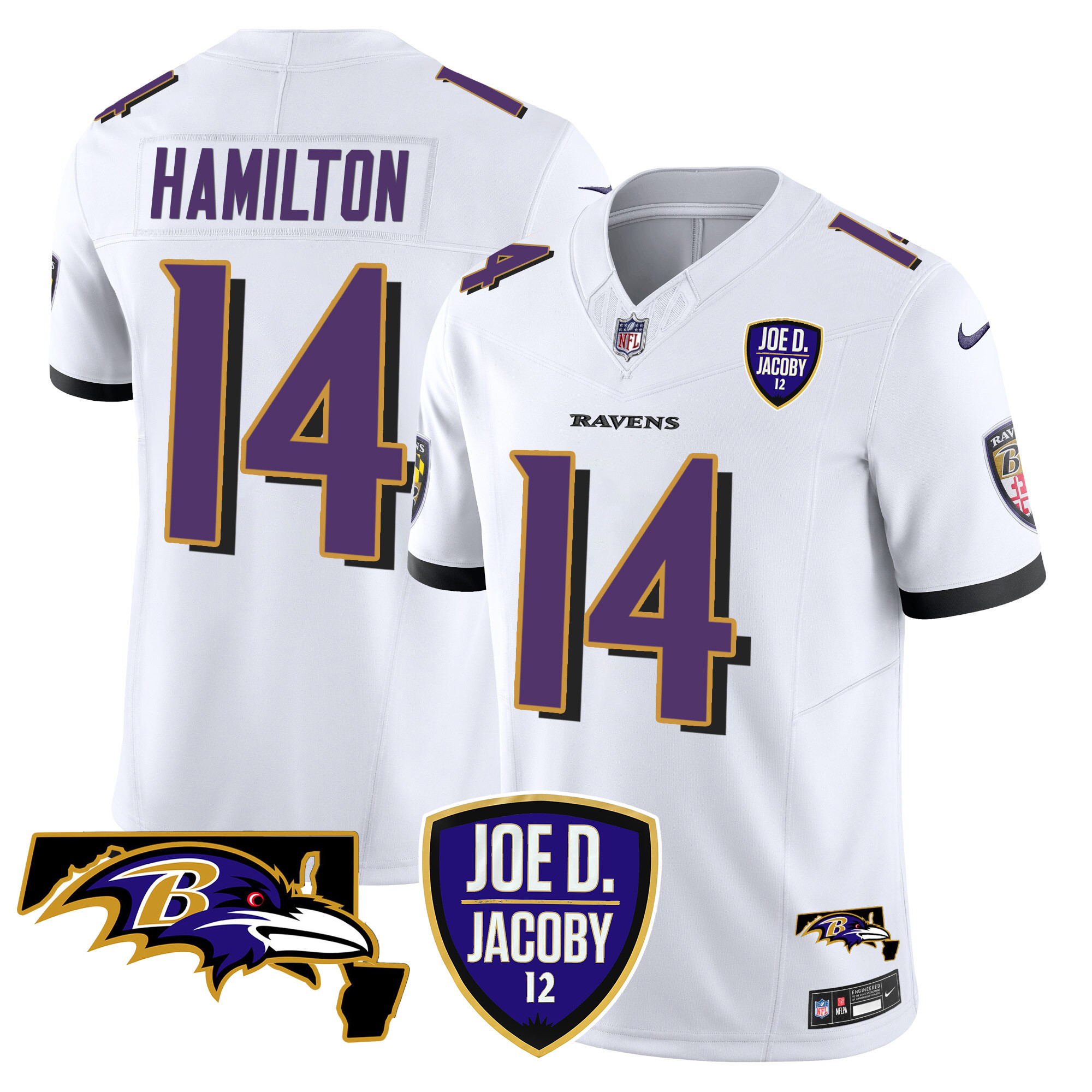 Men's Kyle Hamilton Baltimore Ravens Joe D & Jacoby Patch Vapor Limited White Jersey - All Stitched