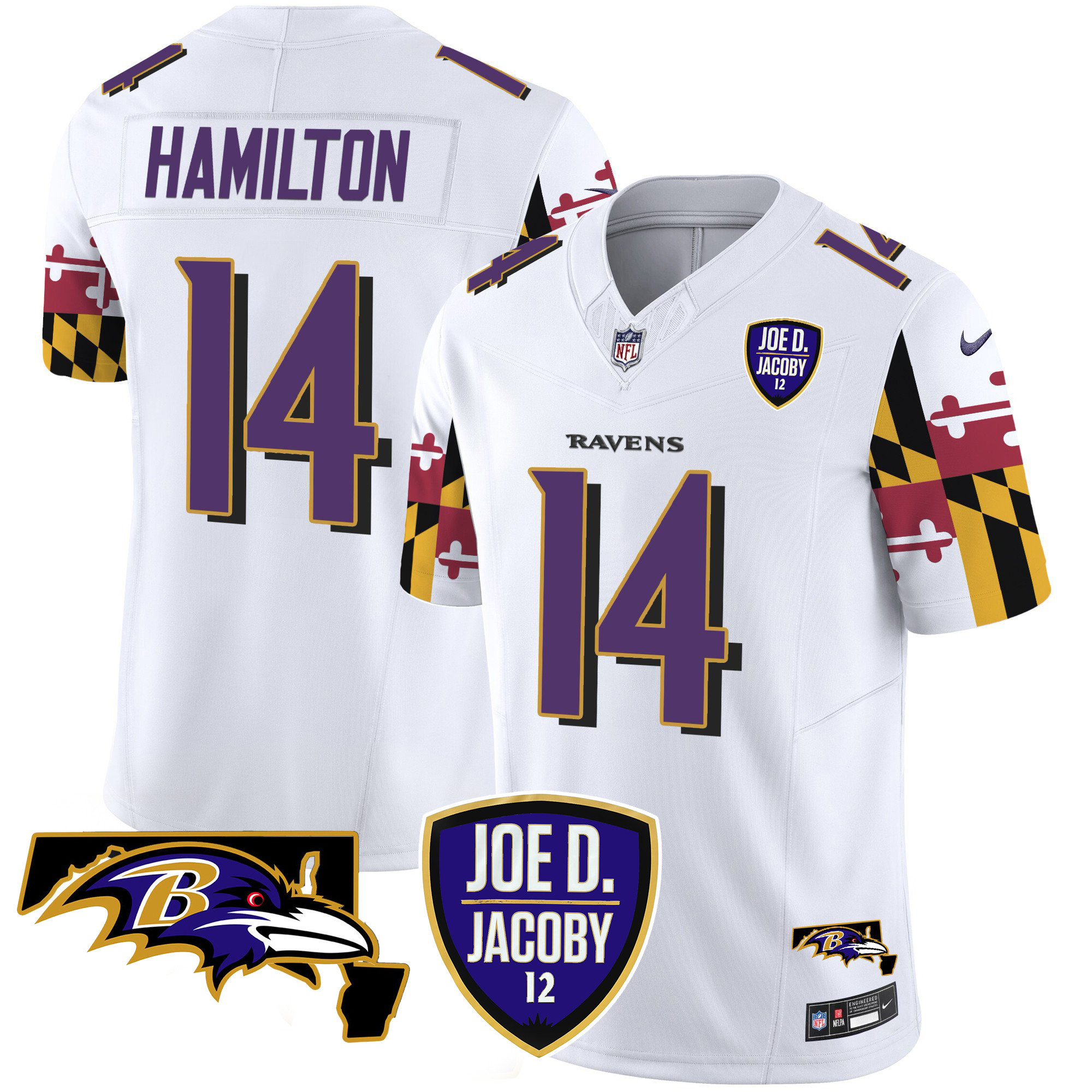 Men's Kyle Hamilton Baltimore Ravens Joe D & Jacoby Patch Vapor Limited White Jersey V2 - All Stitched
