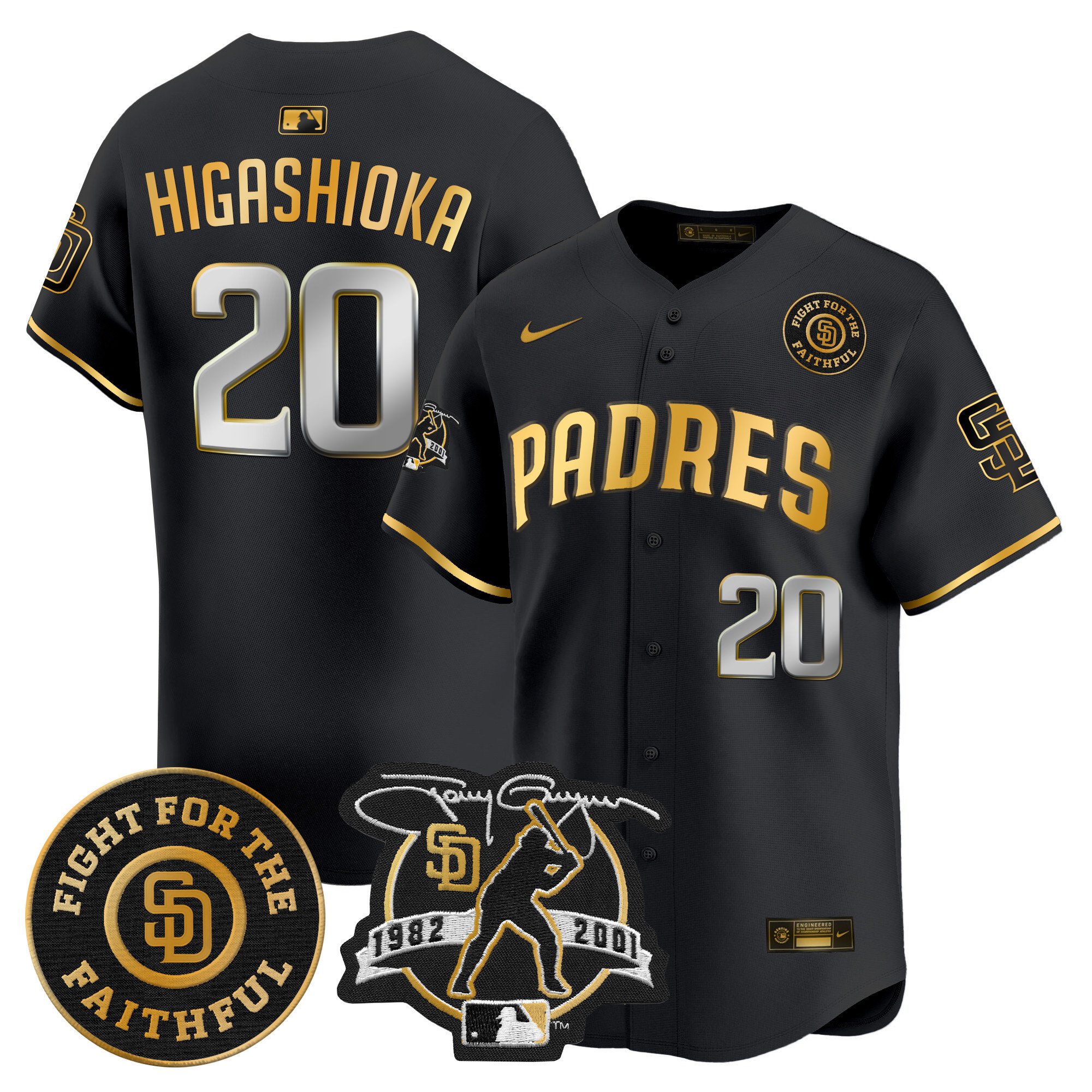Men's Kyle Higashioka San Diego Padres Tony Gwynn & Faithful Patch Vapor Premier Limited Black Gold Jersey Ã± All Stitched