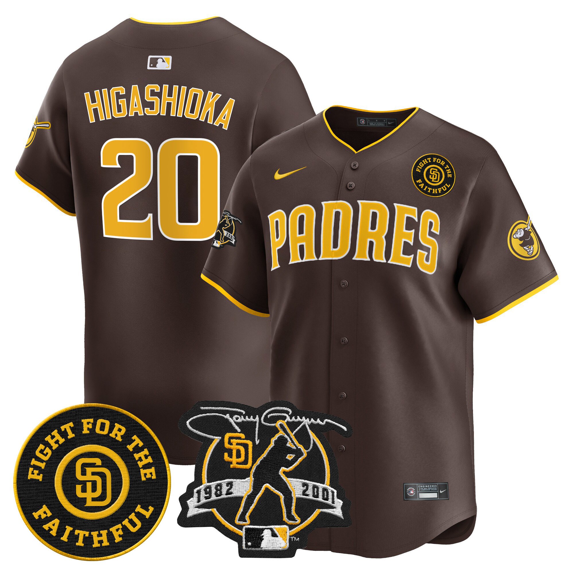 Men's Kyle Higashioka San Diego Padres Tony Gwynn & Faithful Patch Vapor Premier Limited Brown Jersey Ã± All Stitched