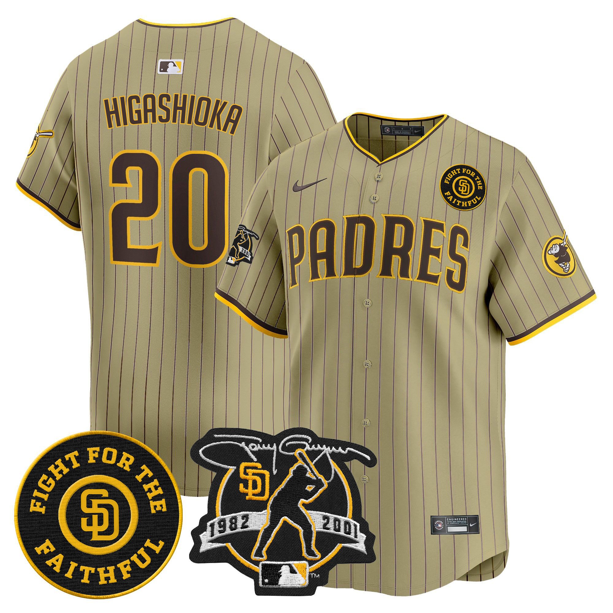 Men's Kyle Higashioka San Diego Padres Tony Gwynn & Faithful Patch Vapor Premier Limited Tan Jersey Ã± All Stitched