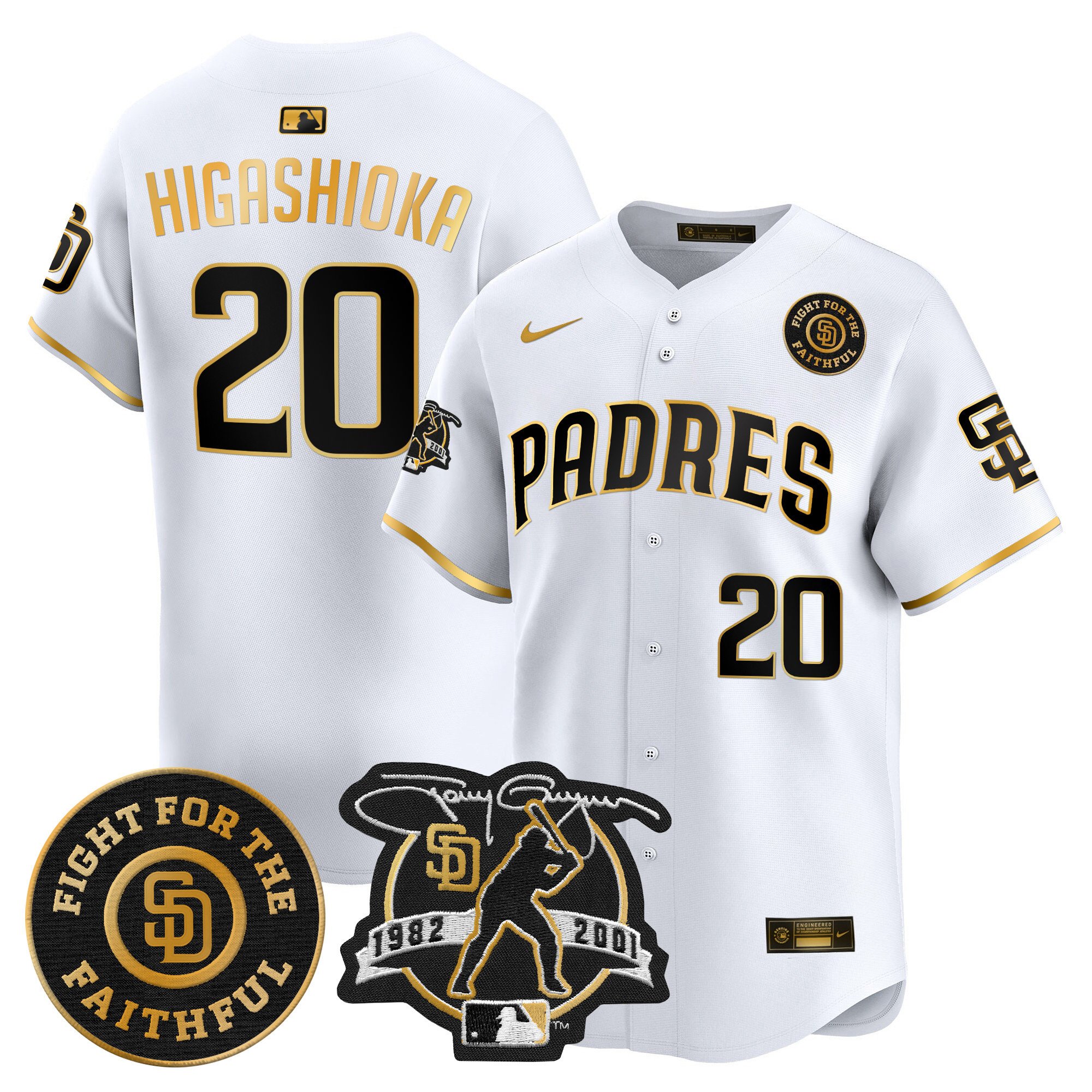 Men's Kyle Higashioka San Diego Padres Tony Gwynn & Faithful Patch Vapor Premier Limited White Gold Jersey Ã± All Stitched