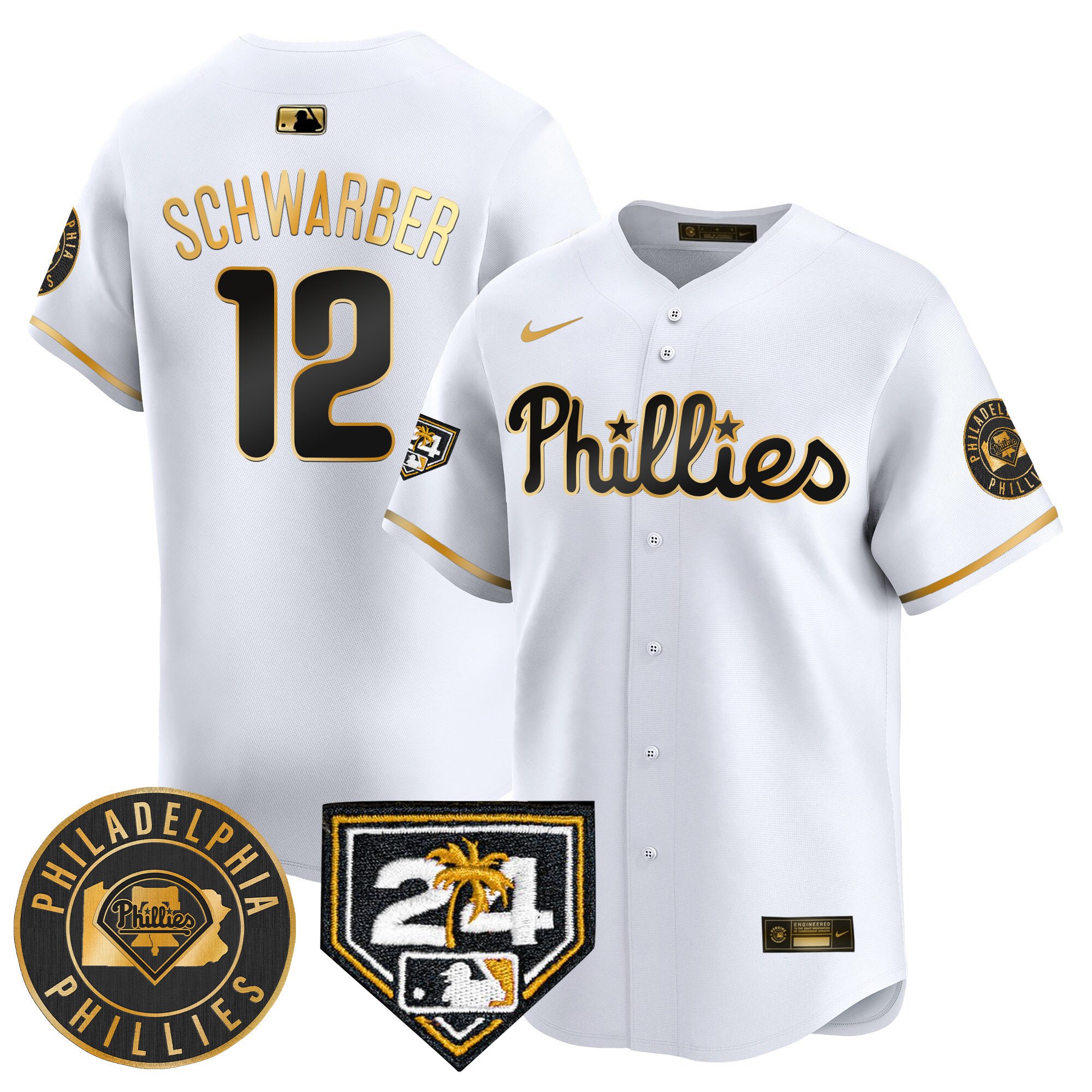 Men's Kyle Schwarber Philadelphia Phillies 2024 Spring Training Patch Vapor Premier Limited White Gold Jersey V2 - All Stitched