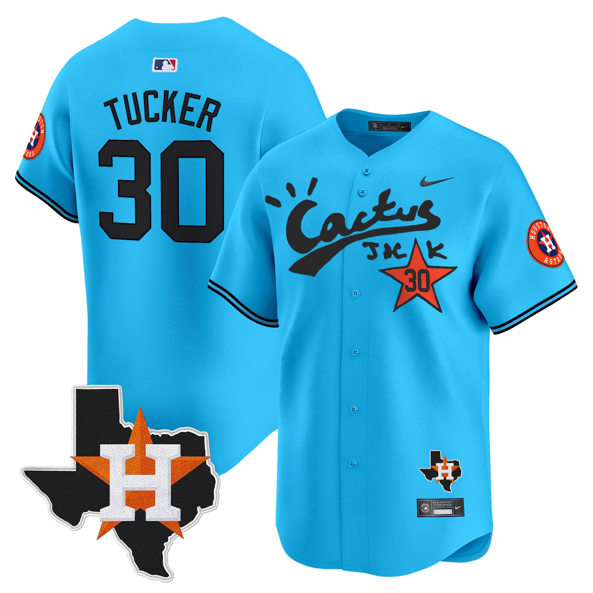 Men's Kyle Tucker Houston Astros Cactus Jack Patch Vapor Premier Limited Light Blue Jersey V11 - Stitched