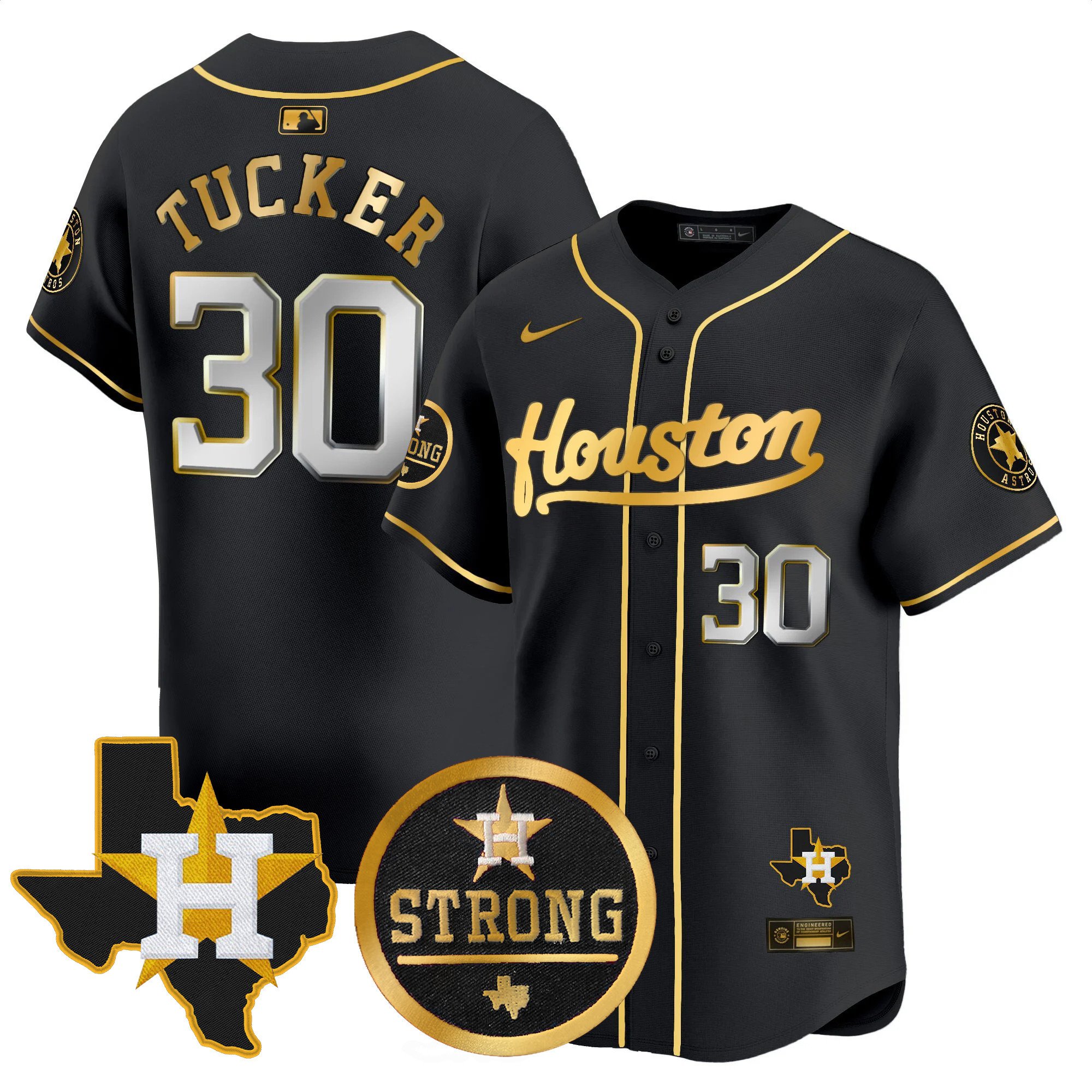Men's Kyle Tucker Houston Astros "Houston Strong" Patch Vapor Premier Limited Black Gold Jersey - All Stitched