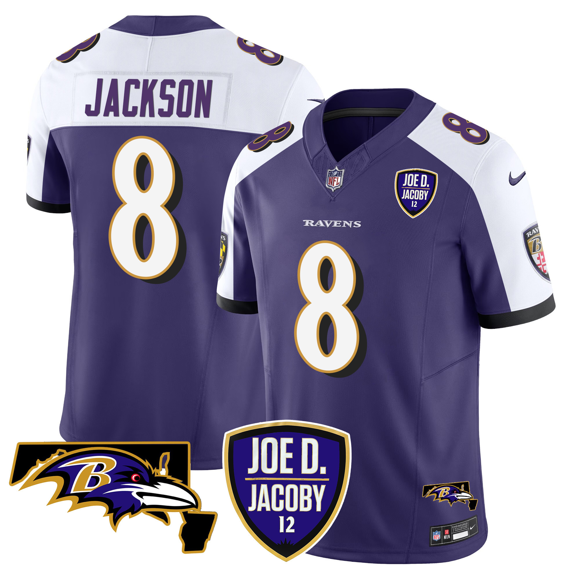 Men's Lamar Jackson Baltimore Ravens Joe D & Jacoby Patch Vapor Limited Purple Alternate Jersey - All Stitched