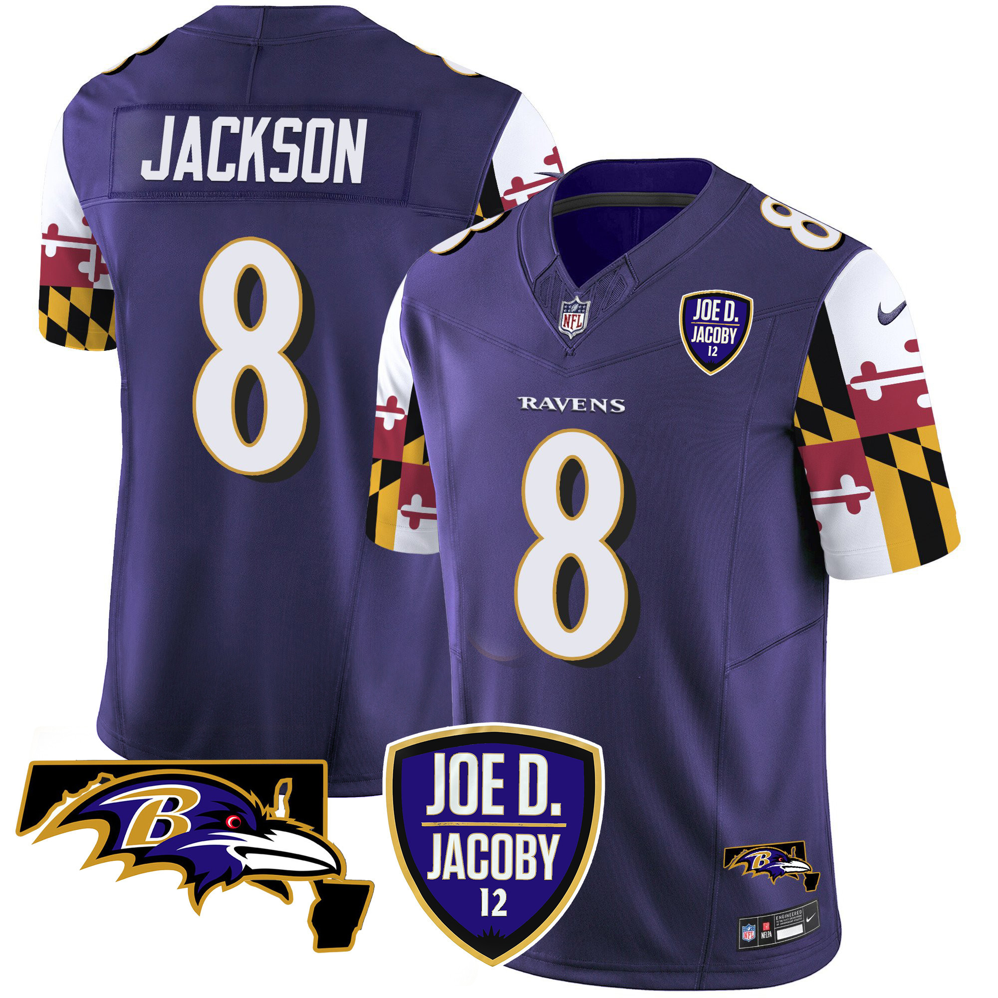 Men's Lamar Jackson Baltimore Ravens Joe D & Jacoby Patch Vapor Limited Purple Jersey V2 - All Stitched