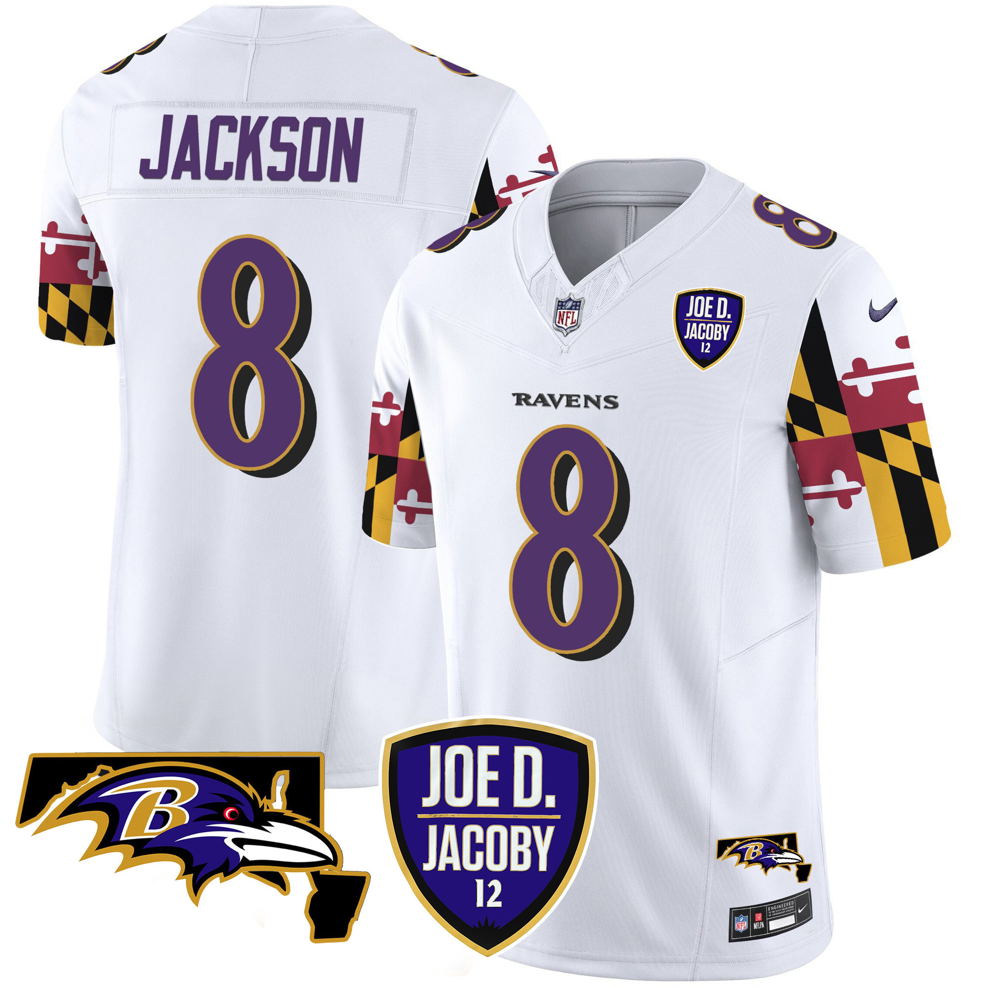 Men's Lamar Jackson Baltimore Ravens Joe D & Jacoby Patch Vapor Limited White Jersey V2 - All Stitched