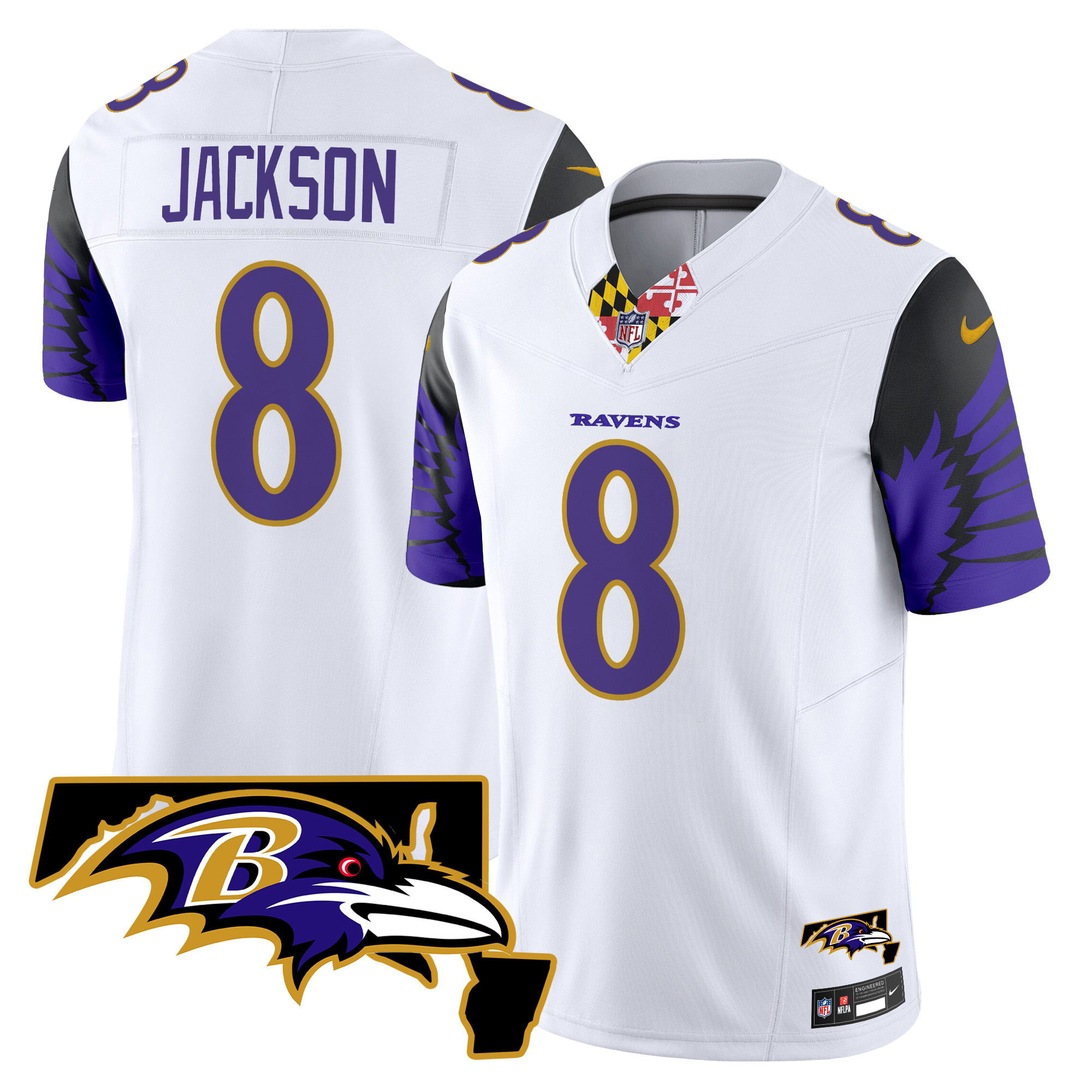 Men's Lamar Jackson Baltimore Ravens Maryland Patch Vapor Limited White Jersey V2 - All Stitched