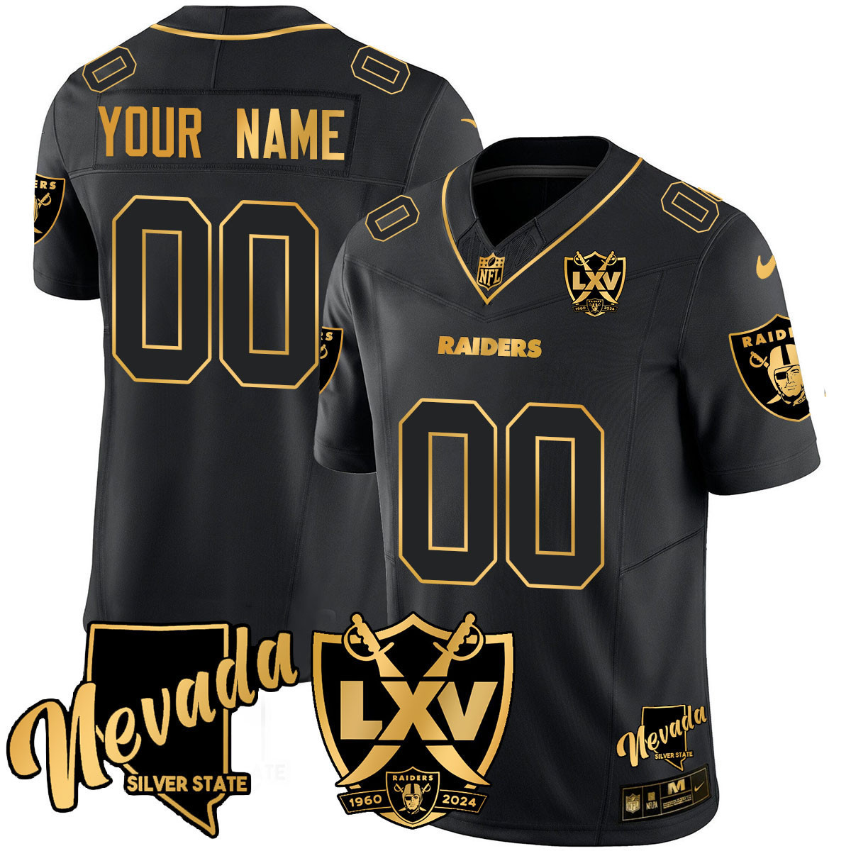 Men's Las Vegas Raiders 2024 Gold Vapor Limited Custom Black Gold Jersey - 65th Anniversary - All Stitched
