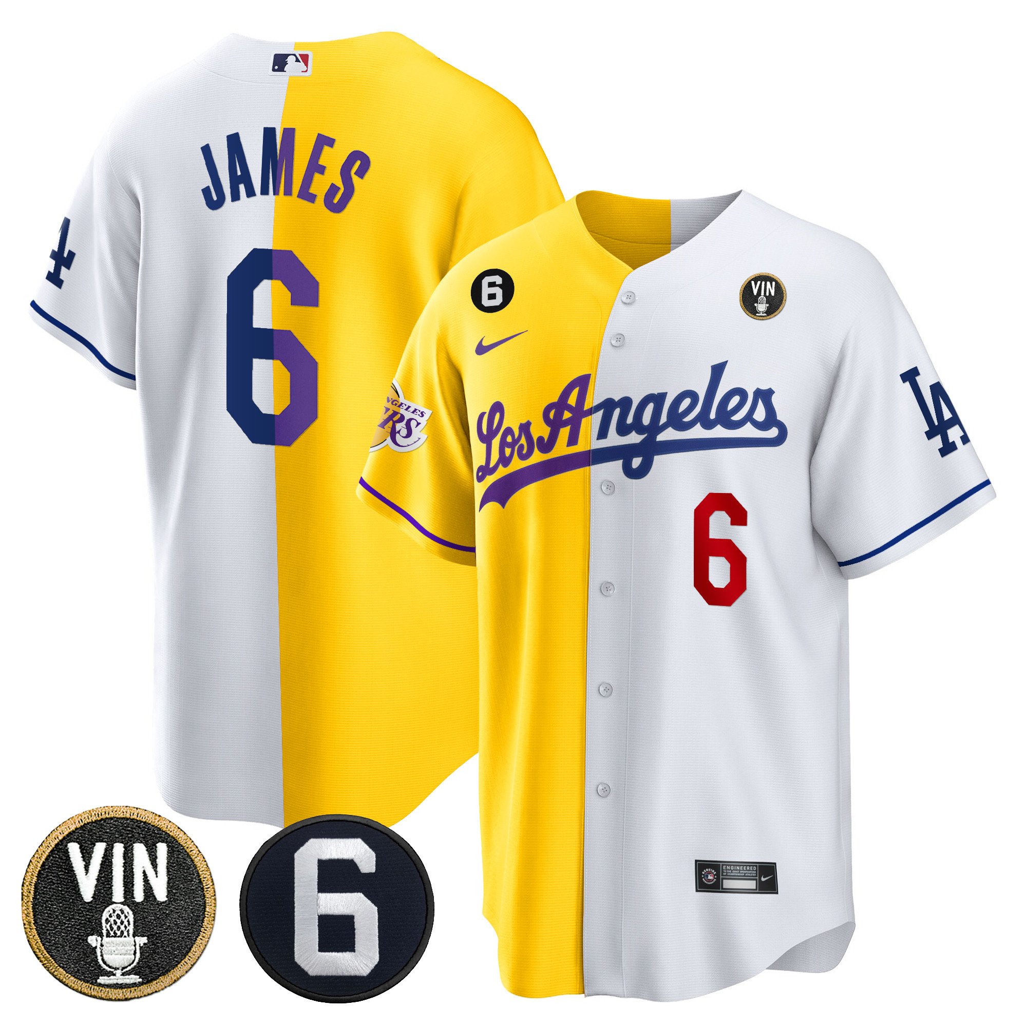Men's LeBron James Split Los Angeles Dodgers - Lakers Cool Base Gold White Jersey - All Stitched