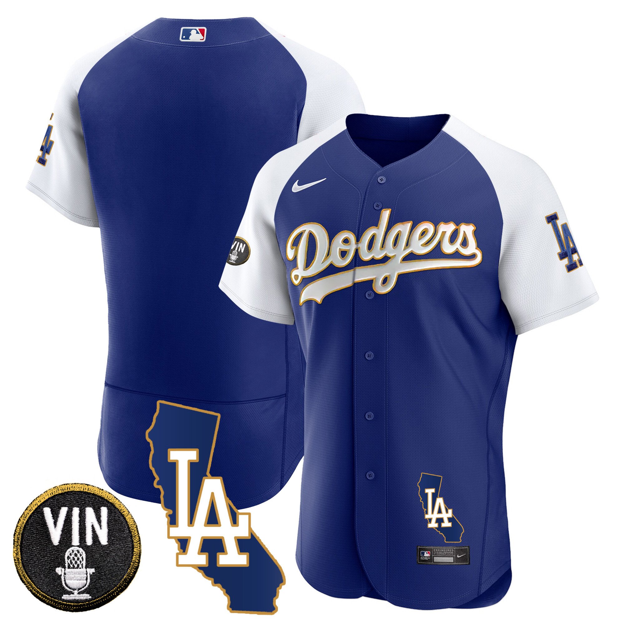 Men's Los Angeles Dodgers California Patch Gold Trim Flex Base Alternate Royal Jersey - All Stitched