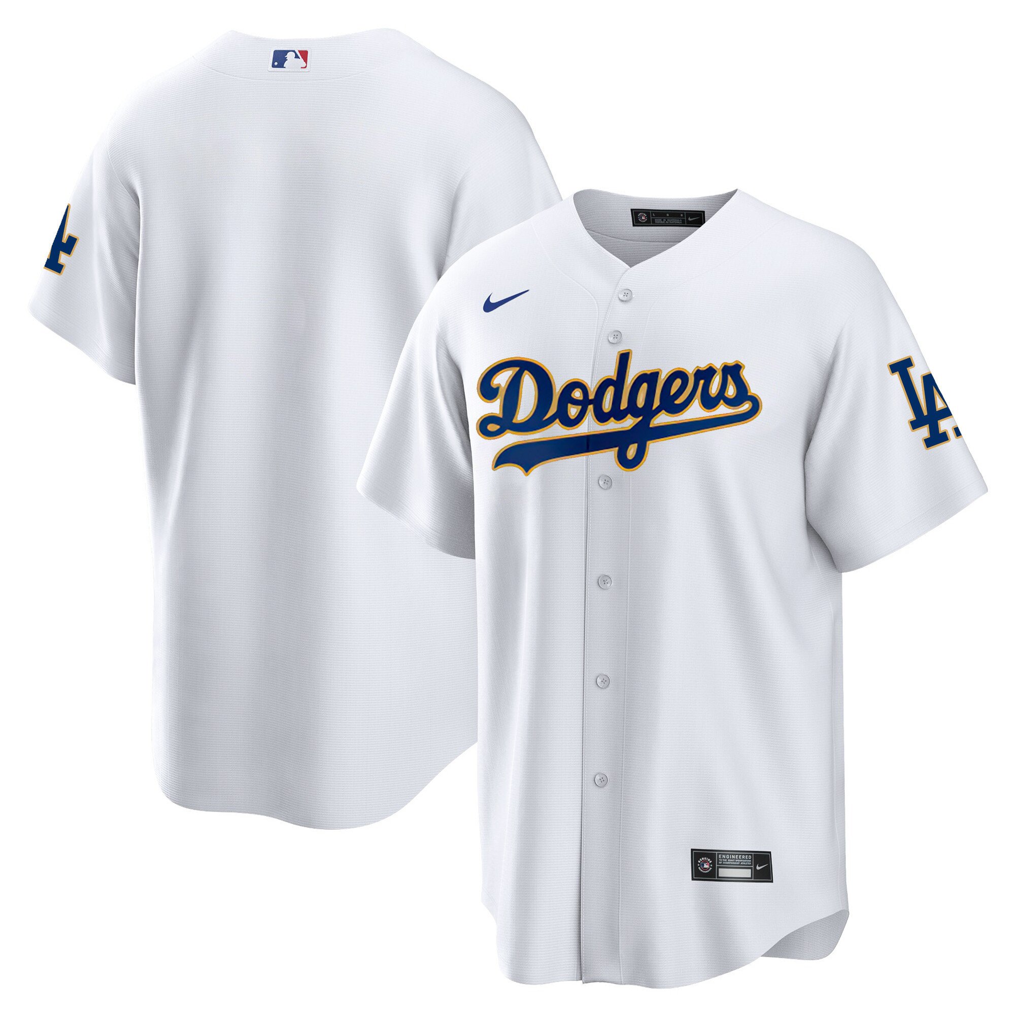 Men's Los Angeles Dodgers Gold Trim Cool Base White Jersey - All Stitched