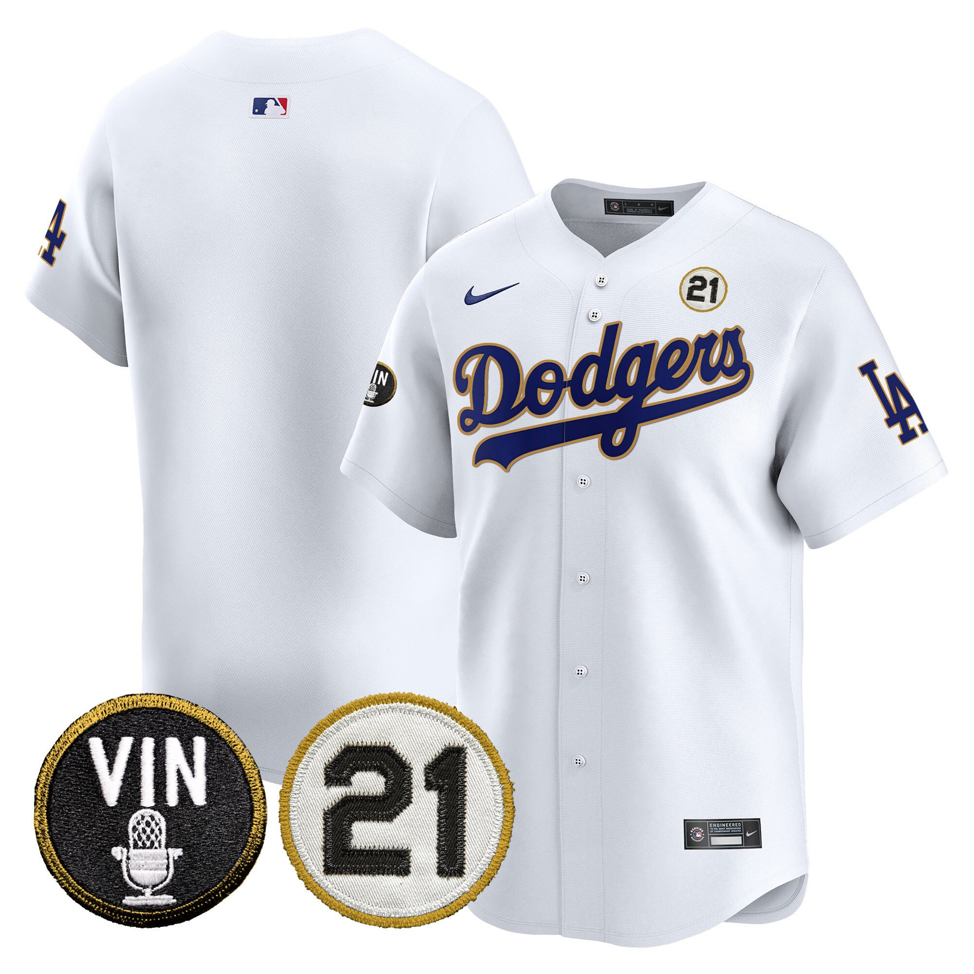 Men's Los Angeles Dodgers Vin & Roberto Patch Gold Trim Vapor Premier Limited White Jersey - All Stitched