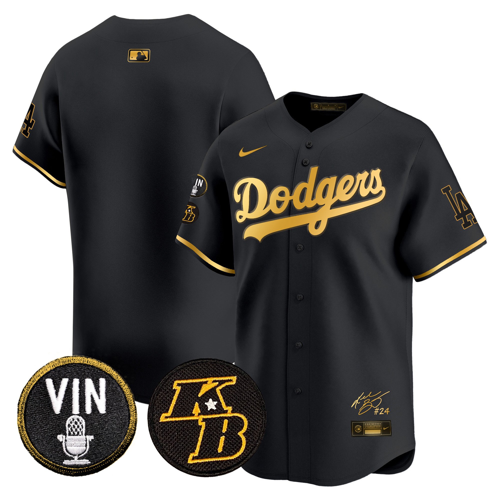 Men's Los Angeles Dodgers Vin Patch & Kobe Bryant Signature Vapor Premier Limited Black Gold Jersey - All Stitched