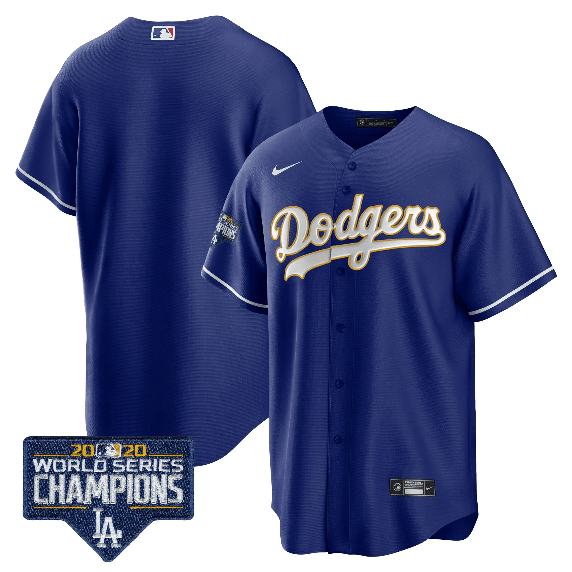 Men's Los Angeles Dodgers World Series Champions Patch Cool Base Gold Trim Royal Jersey - All Stitched
