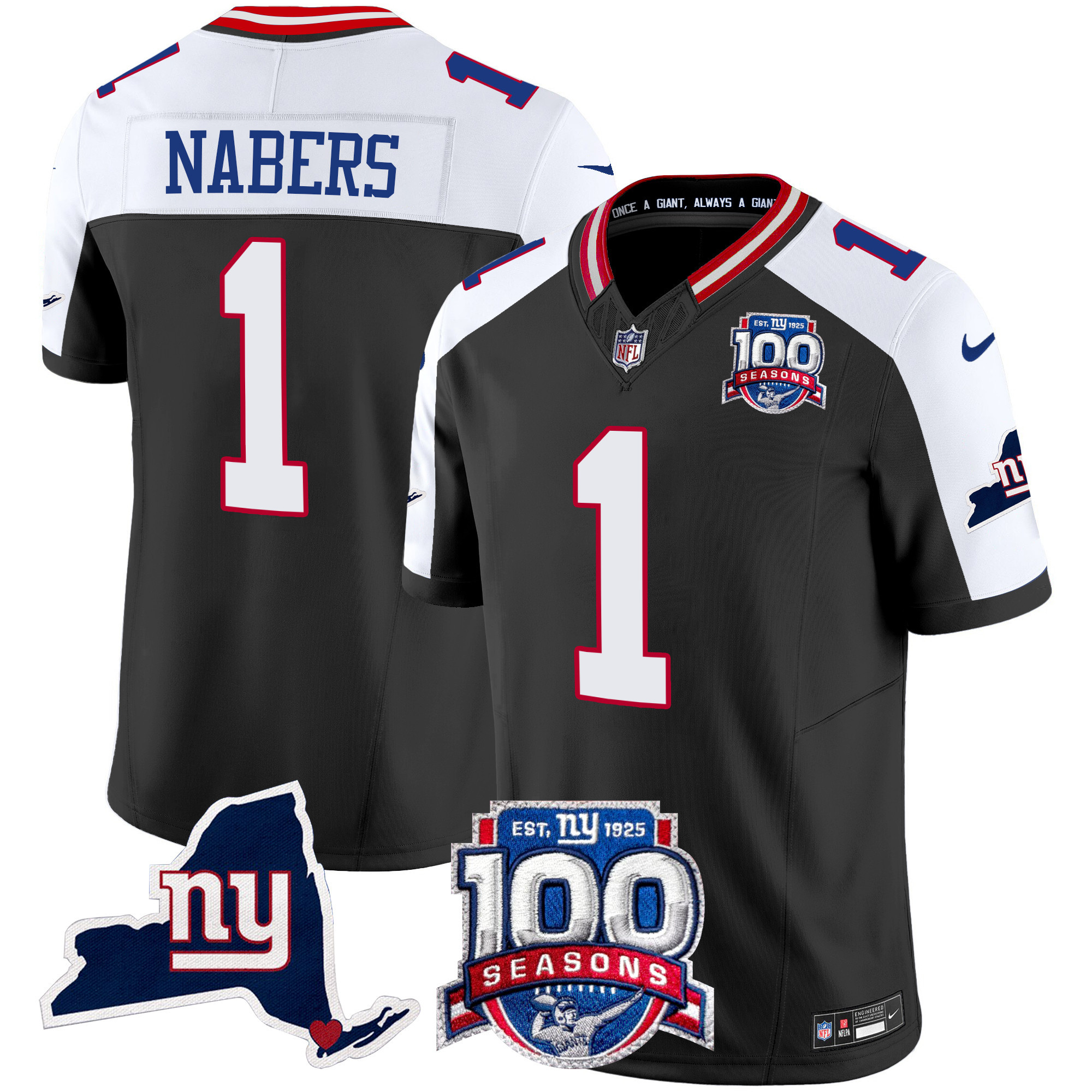 Men's Malik Nabers New York Giants 100th Season & State Patch Vapor Limited Black Alternate Jersey - All Stitched