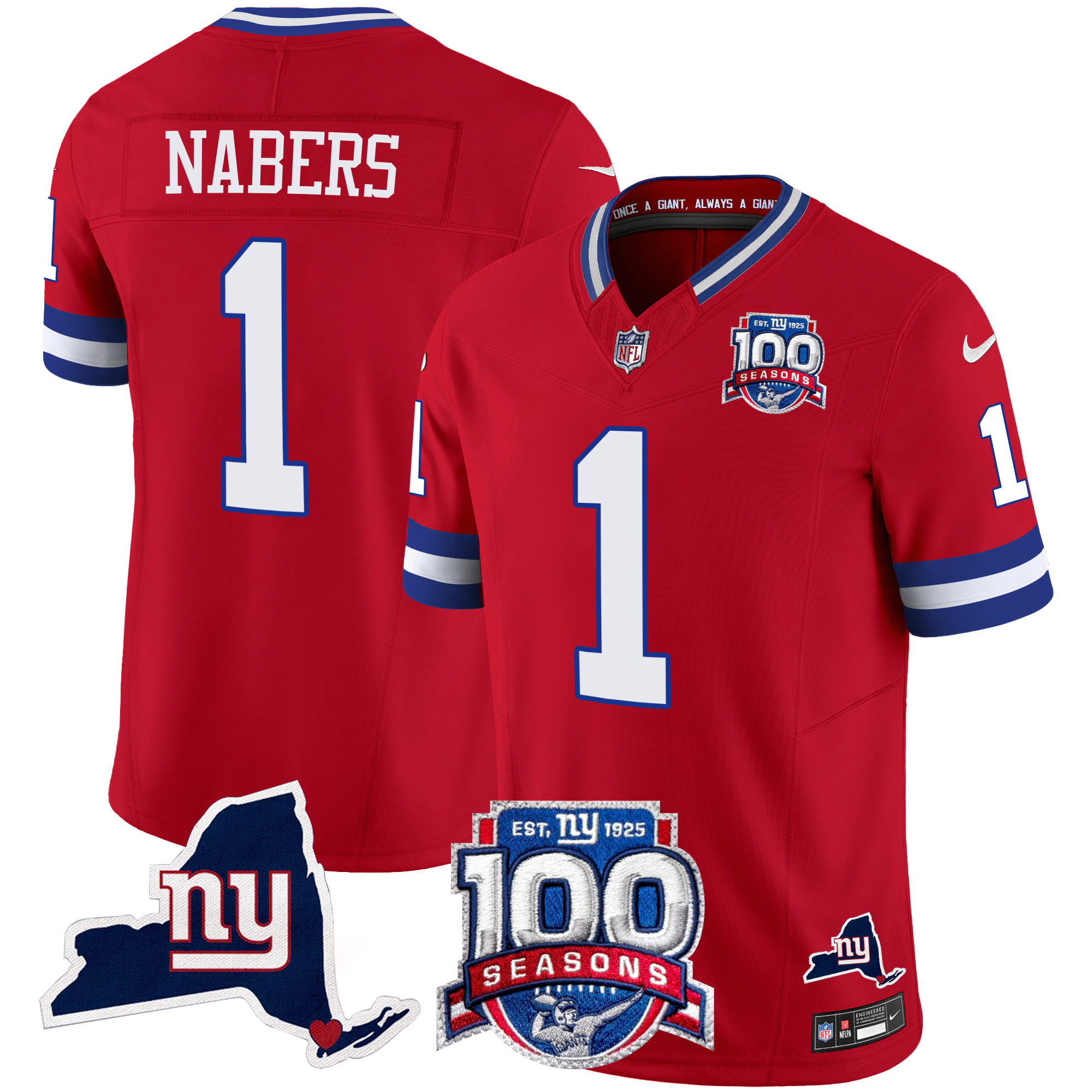 Men's Malik Nabers New York Giants 100th Season & State Patch Vapor Limited Red Jersey - All Stitched