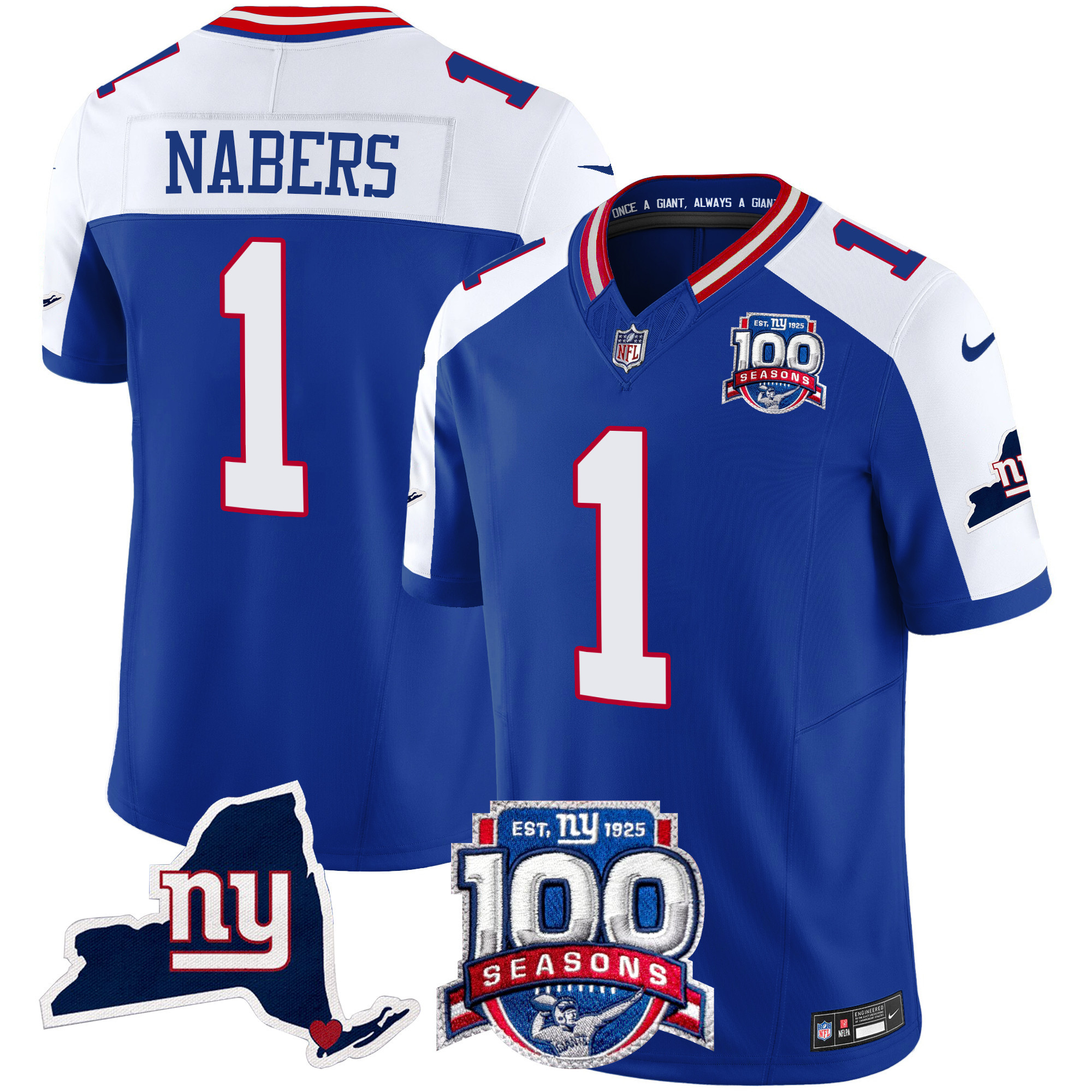 Men's Malik Nabers New York Giants 100th Season & State Patch Vapor Limited Royal Alternate Jersey - All Stitched