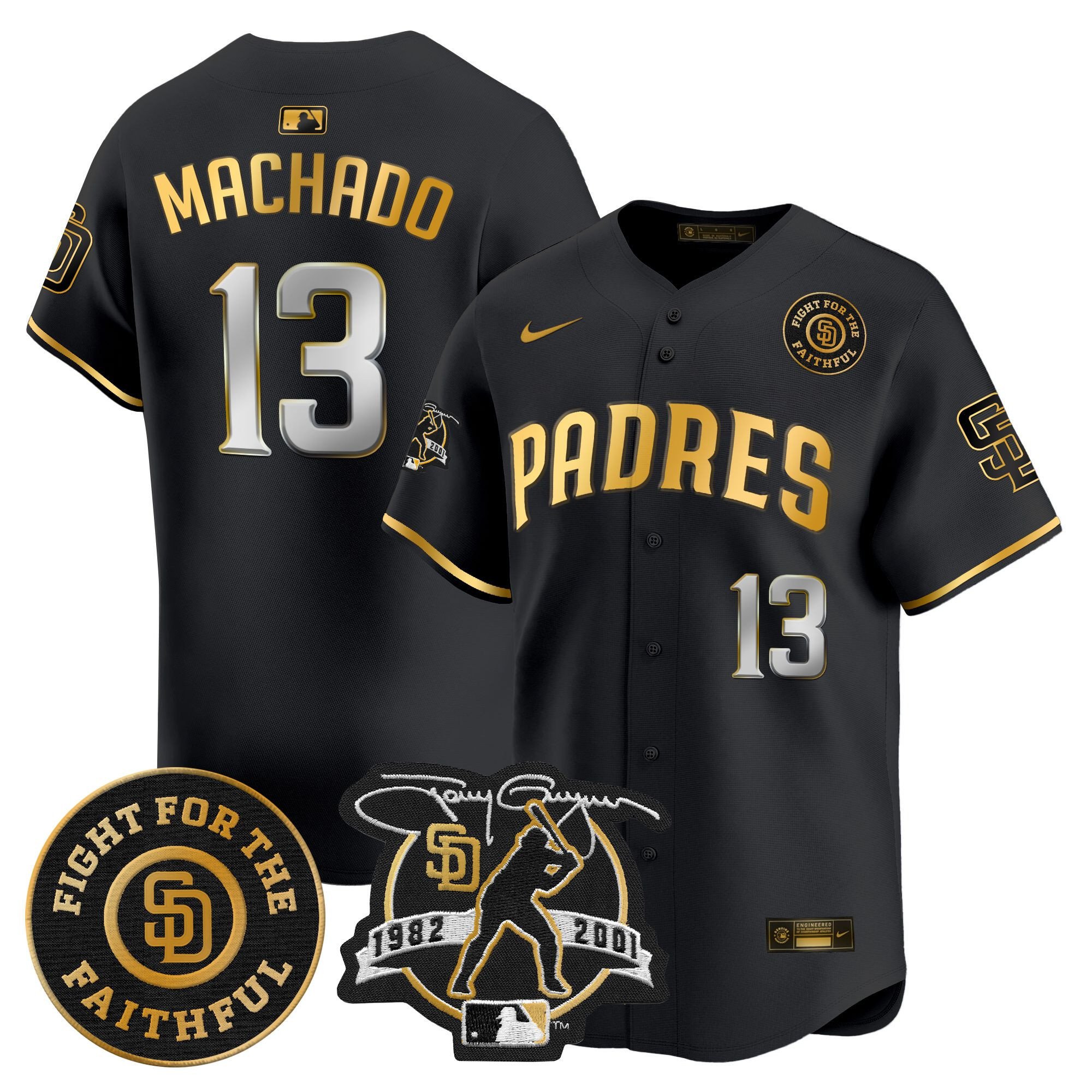 Men's Manny Machado San Diego Padres Tony Gwynn & Faithful Patch Vapor Premier Limited Black Gold Jersey Ã± All Stitched