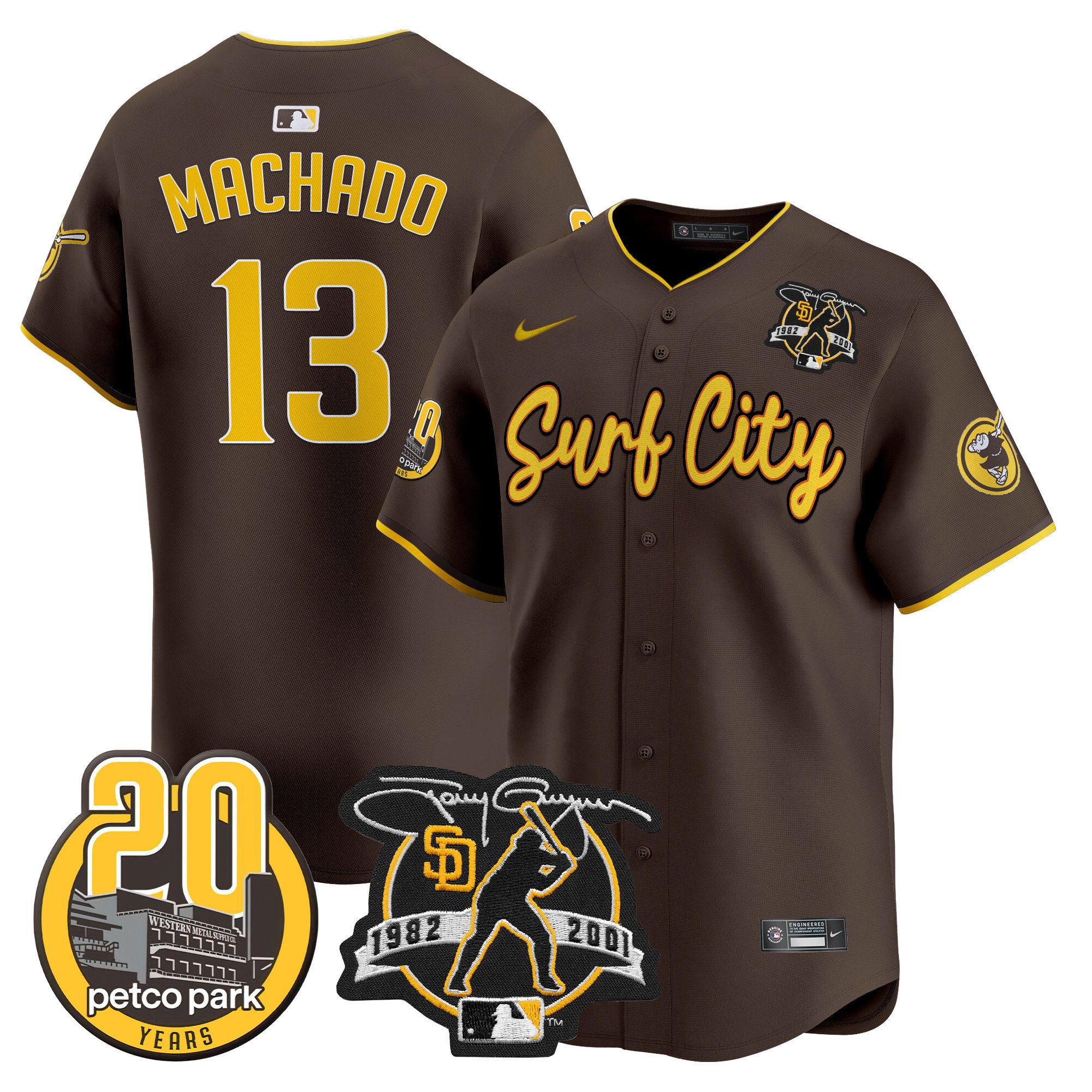 Men's Manny Machado San Diego Padres Tony Gwynn & Petco Park 20th Patch Vapor Premier Limited Brown Jersey V3 Ã± All Stitched