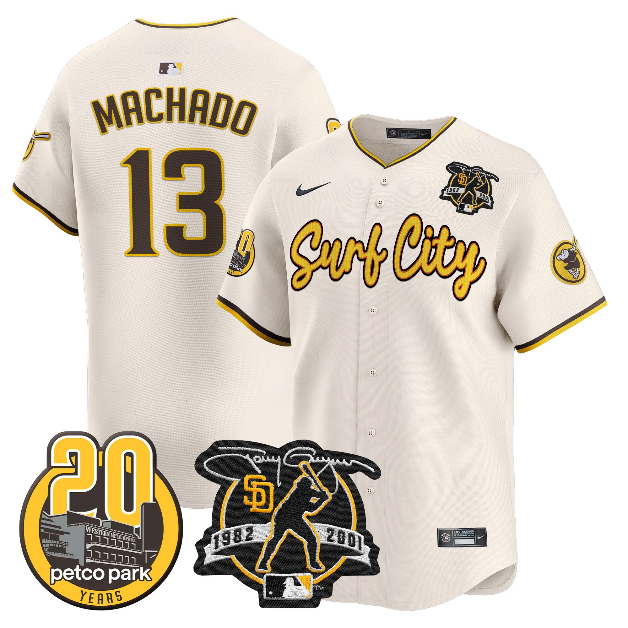 Men's Manny Machado San Diego Padres Tony Gwynn & Petco Park 20th Patch Vapor Premier Limited Cream Jersey V3 Ã± All Stitched