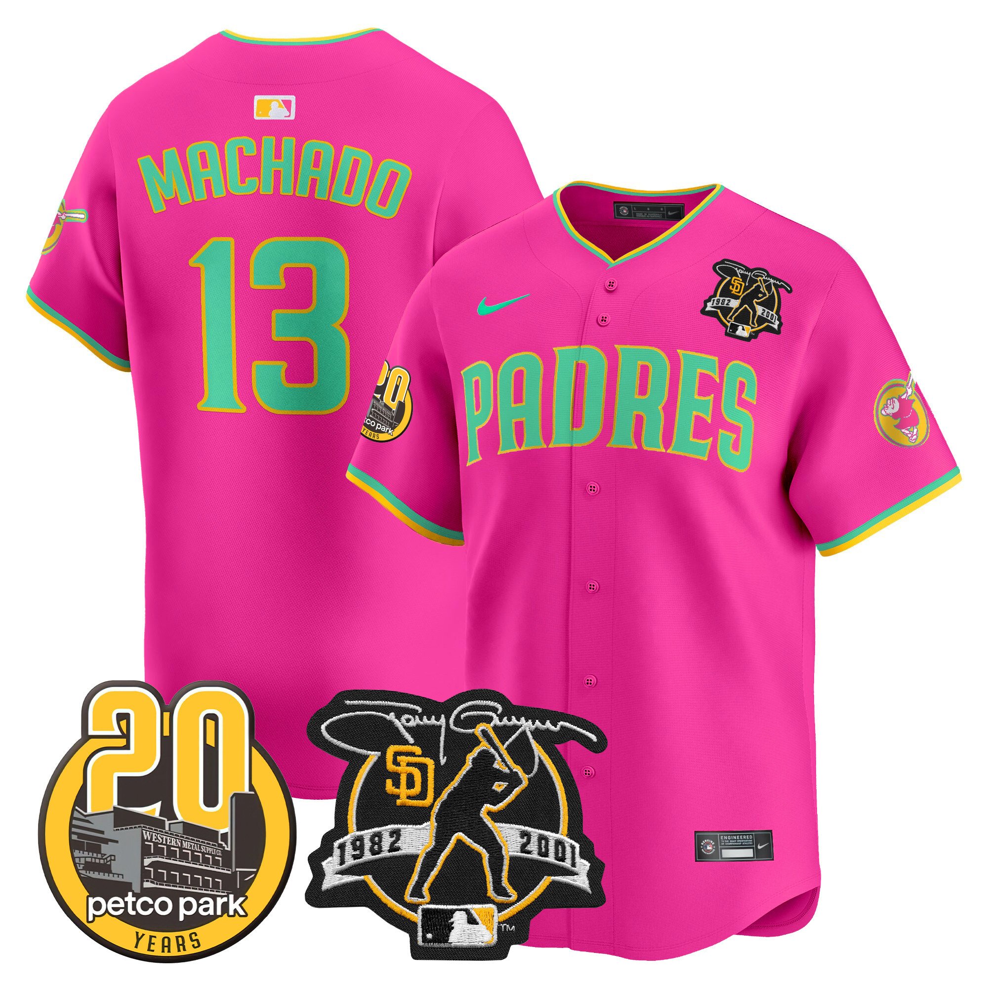 Men's Manny Machado San Diego Padres Tony Gwynn & Petco Park 20th Patch Vapor Premier Limited Pink Jersey V2 Ã± All Stitched