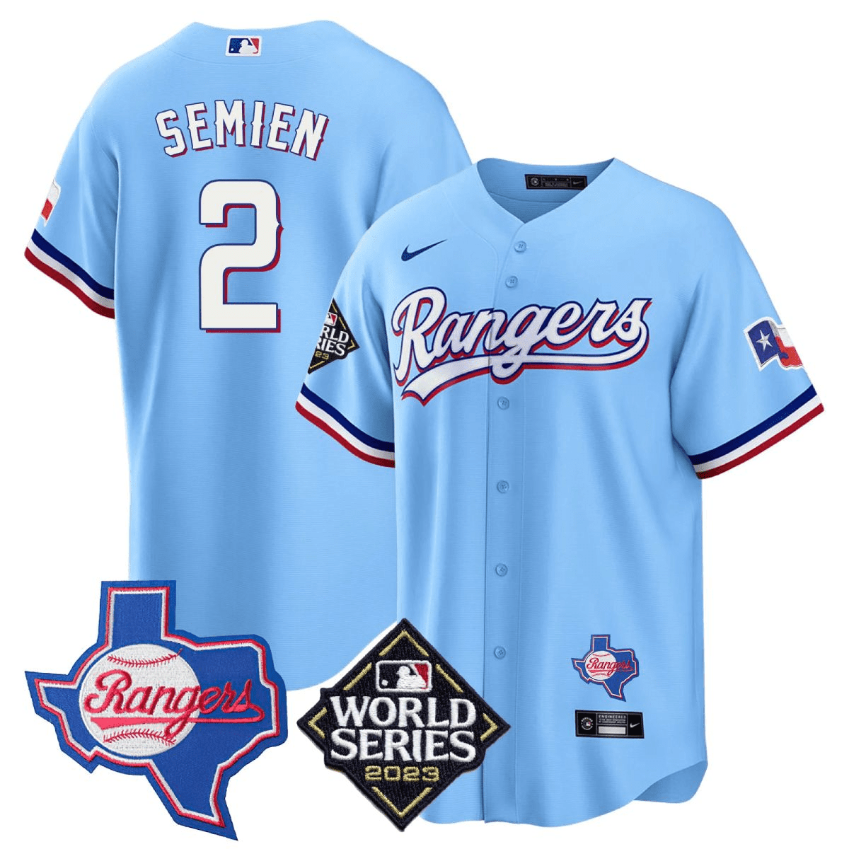 Men's Marcus Semien Texas Rangers 2023 World Series & Texas State Patch Cool Base Gold Blue Jersey V2 Ã± All Stitched