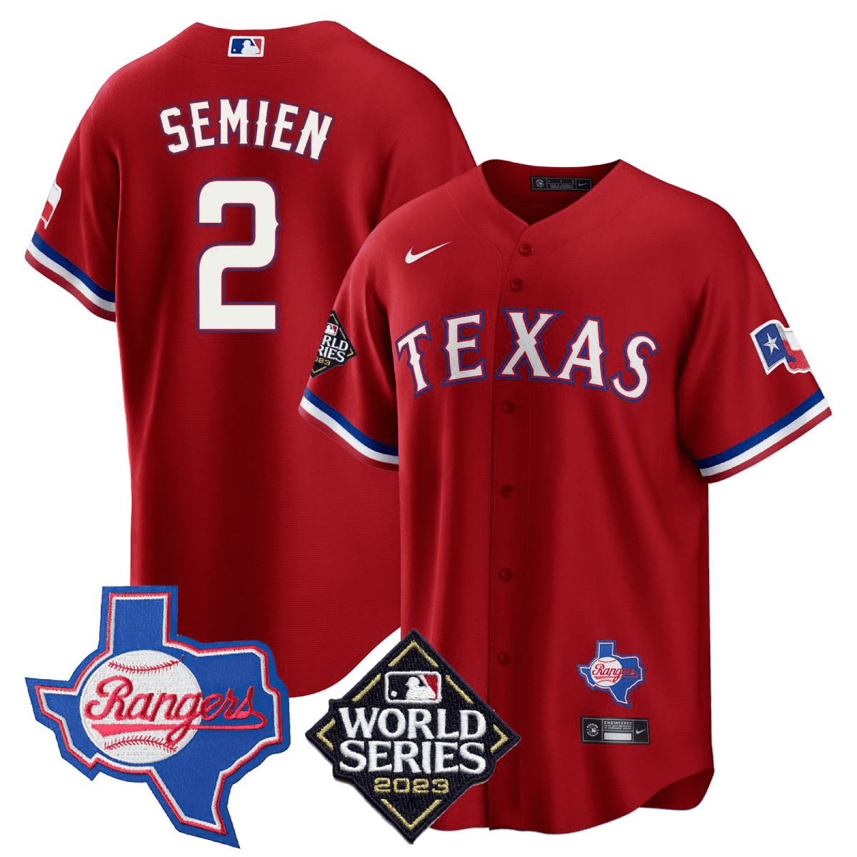 Men's Marcus Semien Texas Rangers 2023 World Series & Texas State Patch Cool Base Gold Red Jersey V2 Ã± All Stitched