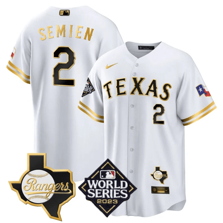 Men's Marcus Semien Texas Rangers 2023 World Series & Texas State Patch Cool Base Gold White Gold Jersey V2 Ã± All Stitched