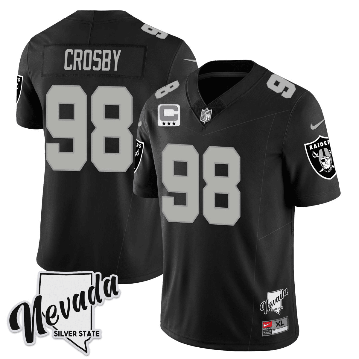 Men's Maxx Crosby Las Vegas Raiders 2023 Nevada Silver State Patch Vapor Black Jersey â€“ All Stitched