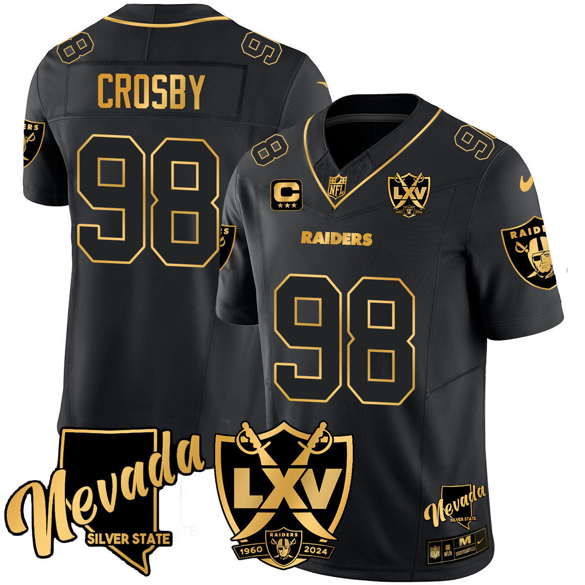 Men's Maxx Crosby Las Vegas Raiders 2024 Gold Vapor Limited Black Gold Jersey - 65th Anniversary - All Stitched
