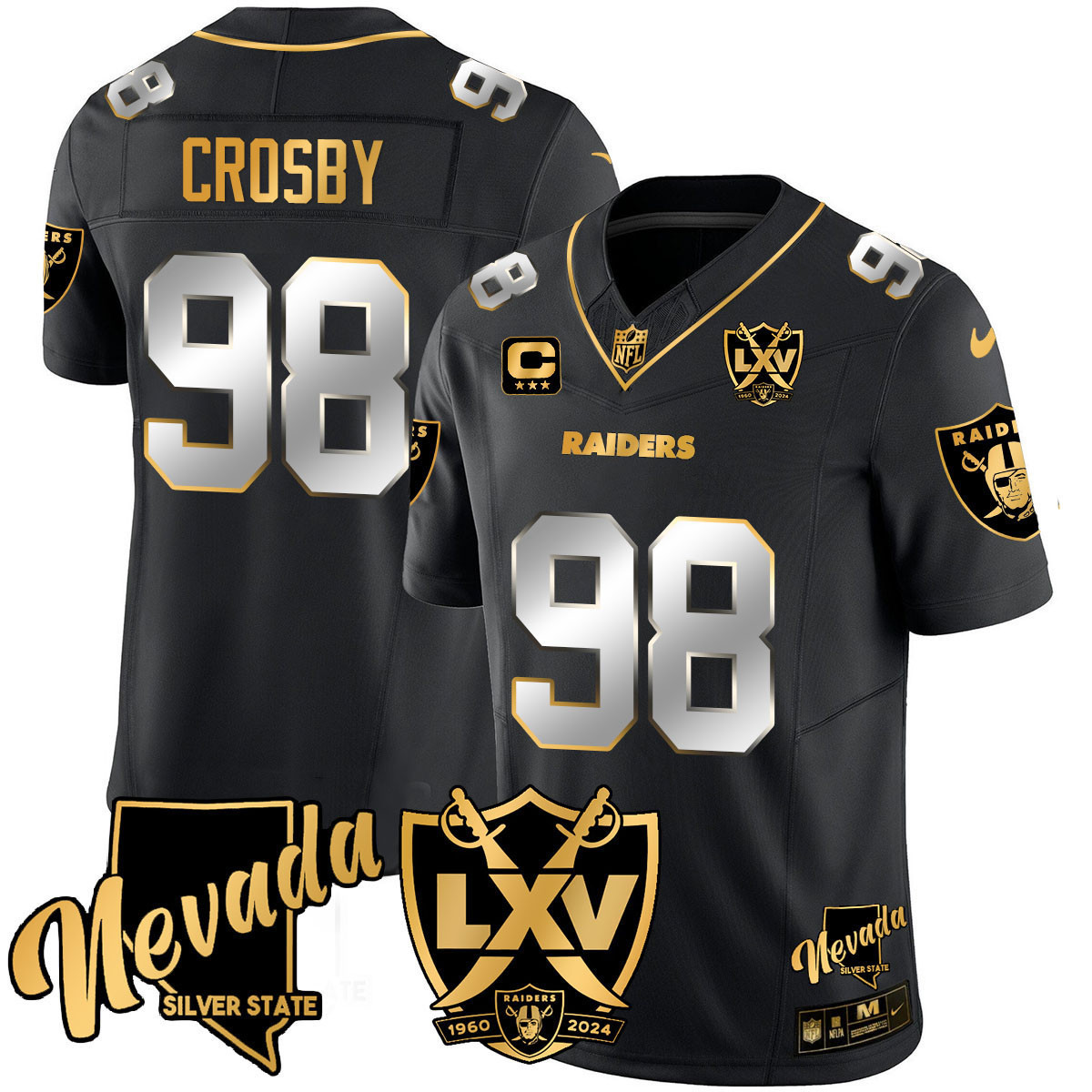 Men's Maxx Crosby Las Vegas Raiders 2024 Gold Vapor Limited Black Limited Jersey - 65th Anniversary - All Stitched