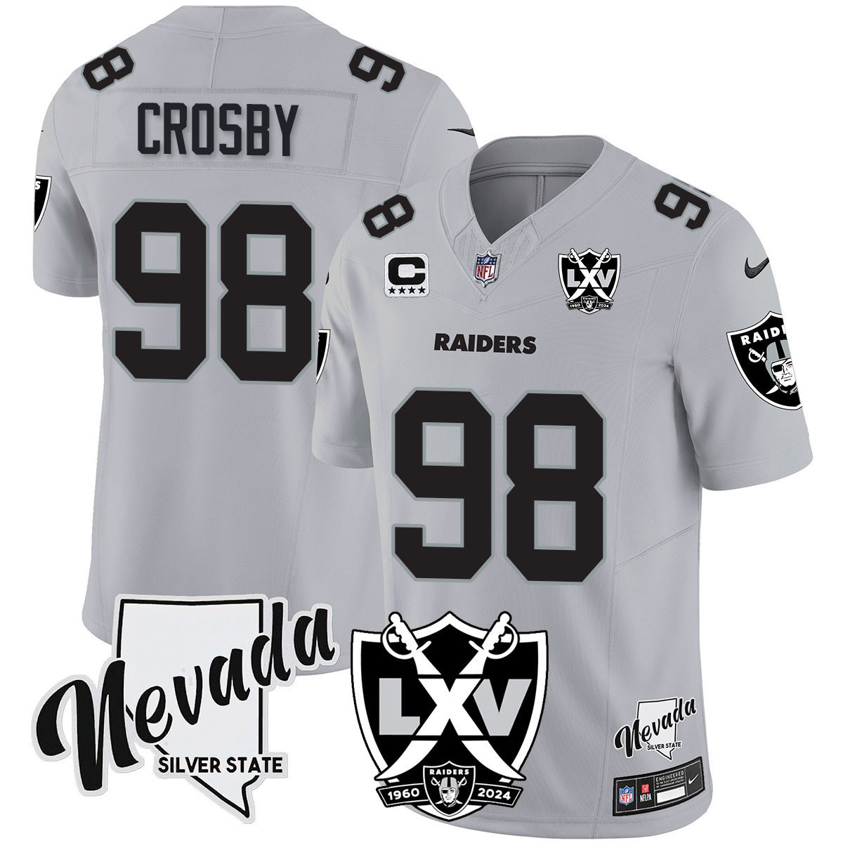 Men's Maxx Crosby Las Vegas Raiders 2024 Vapor Limited Silver Jersey - 65th Anniversary - All Stitched