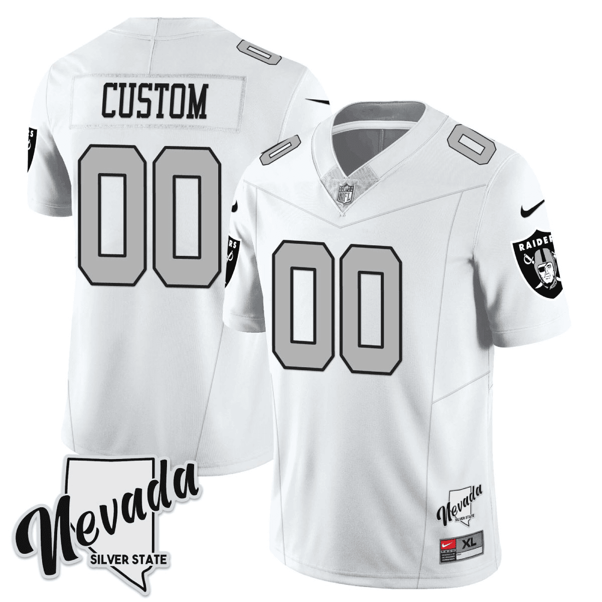 Men's Menâ€™s Las Vegas Raiders 2023 Nevada Silver State Patch Vapor Custom White Silver Jersey â€“ All Stitched