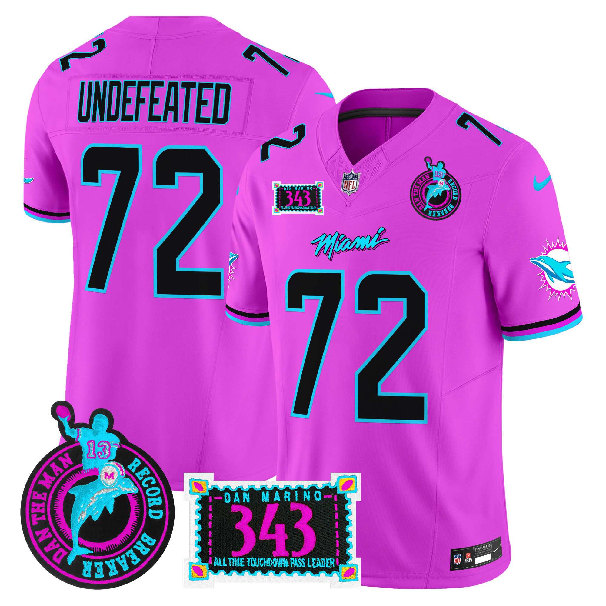 Men's Miami Dolphins "Dan the Man Record Breaker" Patch Vapor Limited Undefeated Pink Jersey - All Stitched